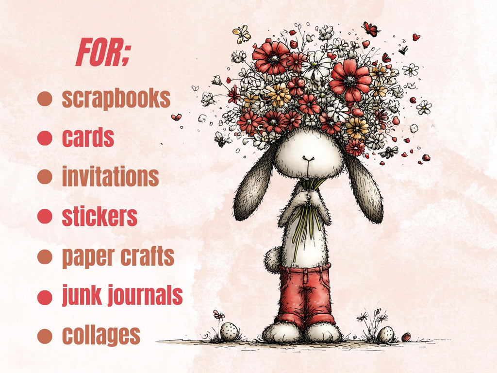 Whimsical Red Easter Clipart Bundle, Quirky Floral Spring Bunny PNG Illustrations (Digital Download, Commercial Use)