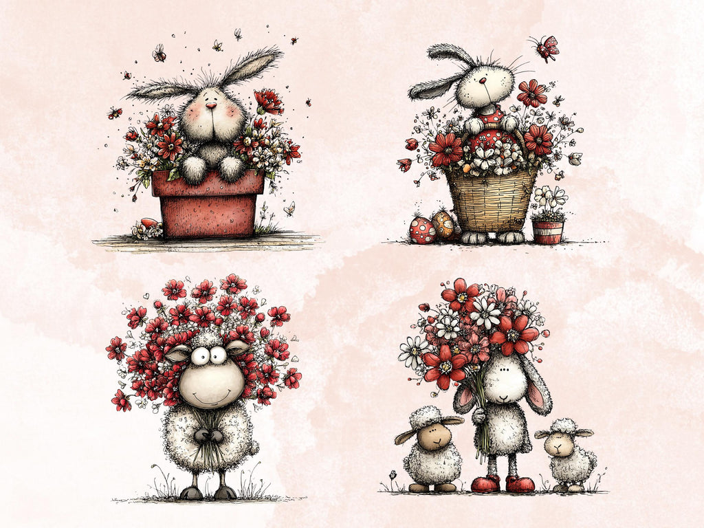 Whimsical Red Easter Clipart Bundle, Quirky Floral Spring Bunny PNG Illustrations (Digital Download, Commercial Use)