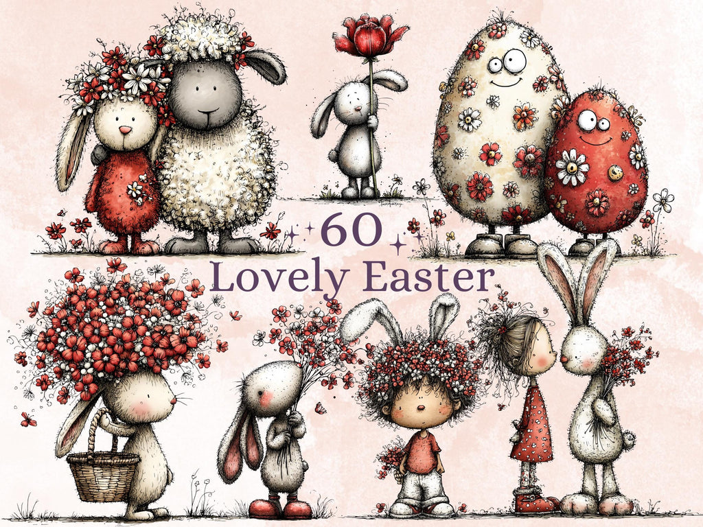 Whimsical Red Easter Clipart Bundle, Quirky Floral Spring Bunny PNG Illustrations (Digital Download, Commercial Use)