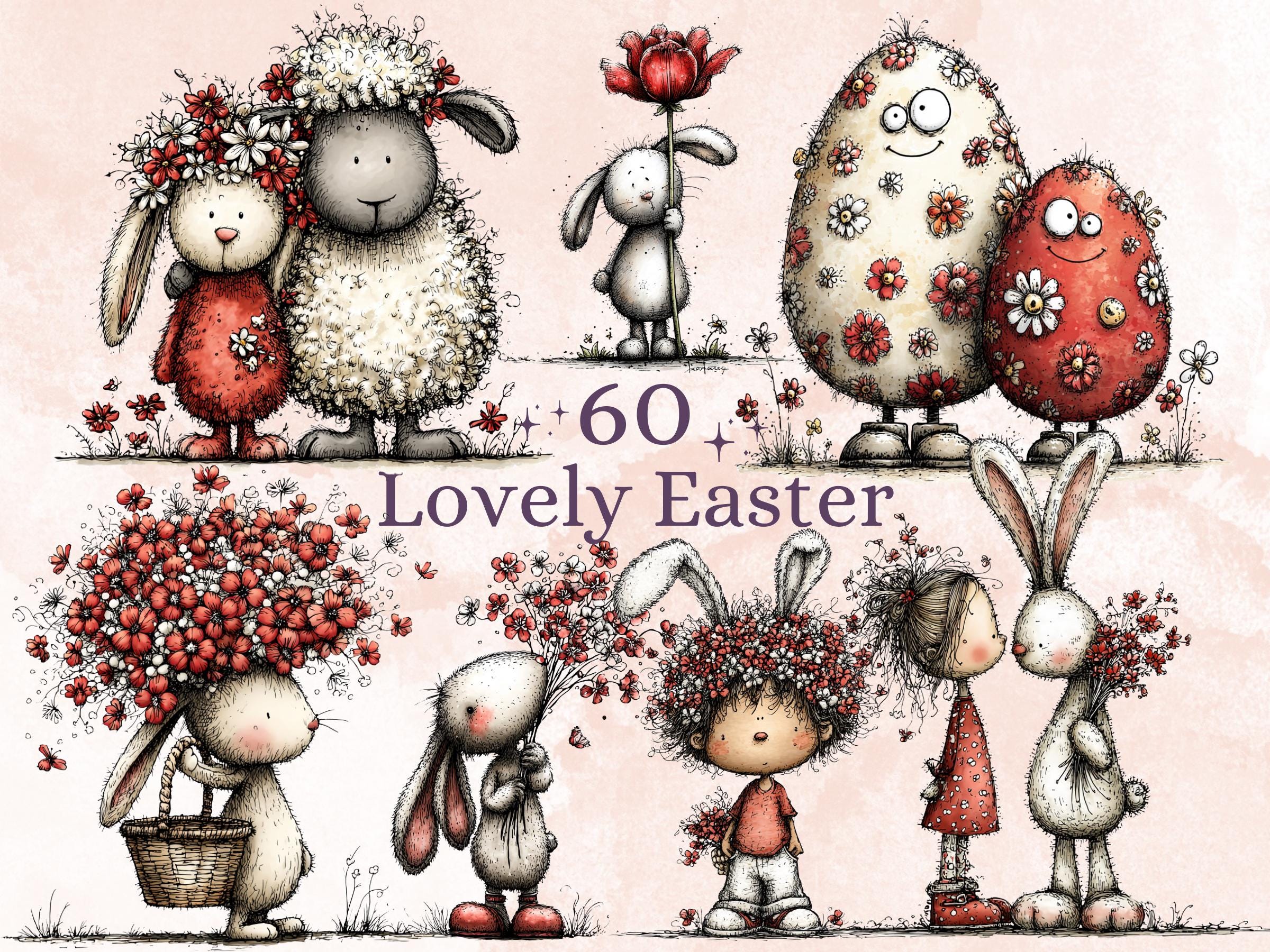 Whimsical Red Easter Clipart Bundle, Quirky Floral Spring Bunny PNG Illustrations (Digital Download, Commercial Use)