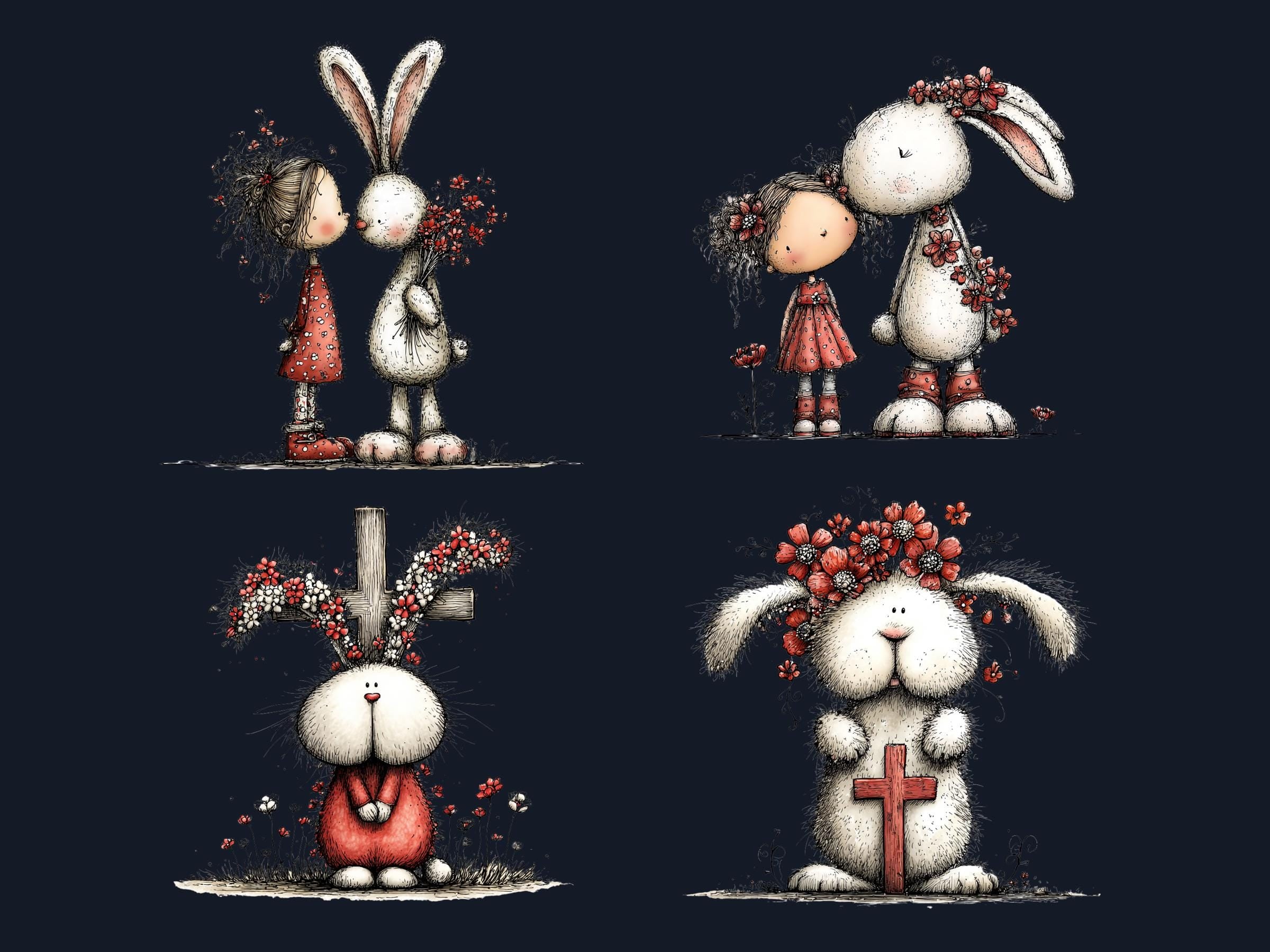 Whimsical Red Easter Clipart Bundle, Quirky Floral Spring Bunny PNG Illustrations (Digital Download, Commercial Use)