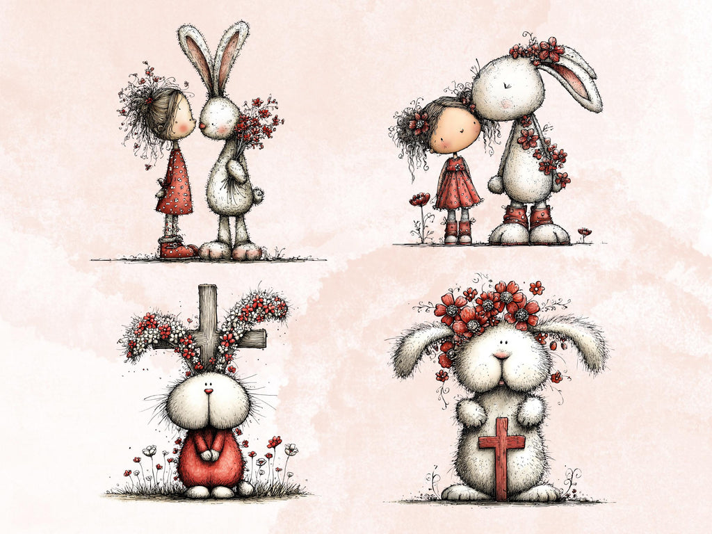 Whimsical Red Easter Clipart Bundle, Quirky Floral Spring Bunny PNG Illustrations (Digital Download, Commercial Use)