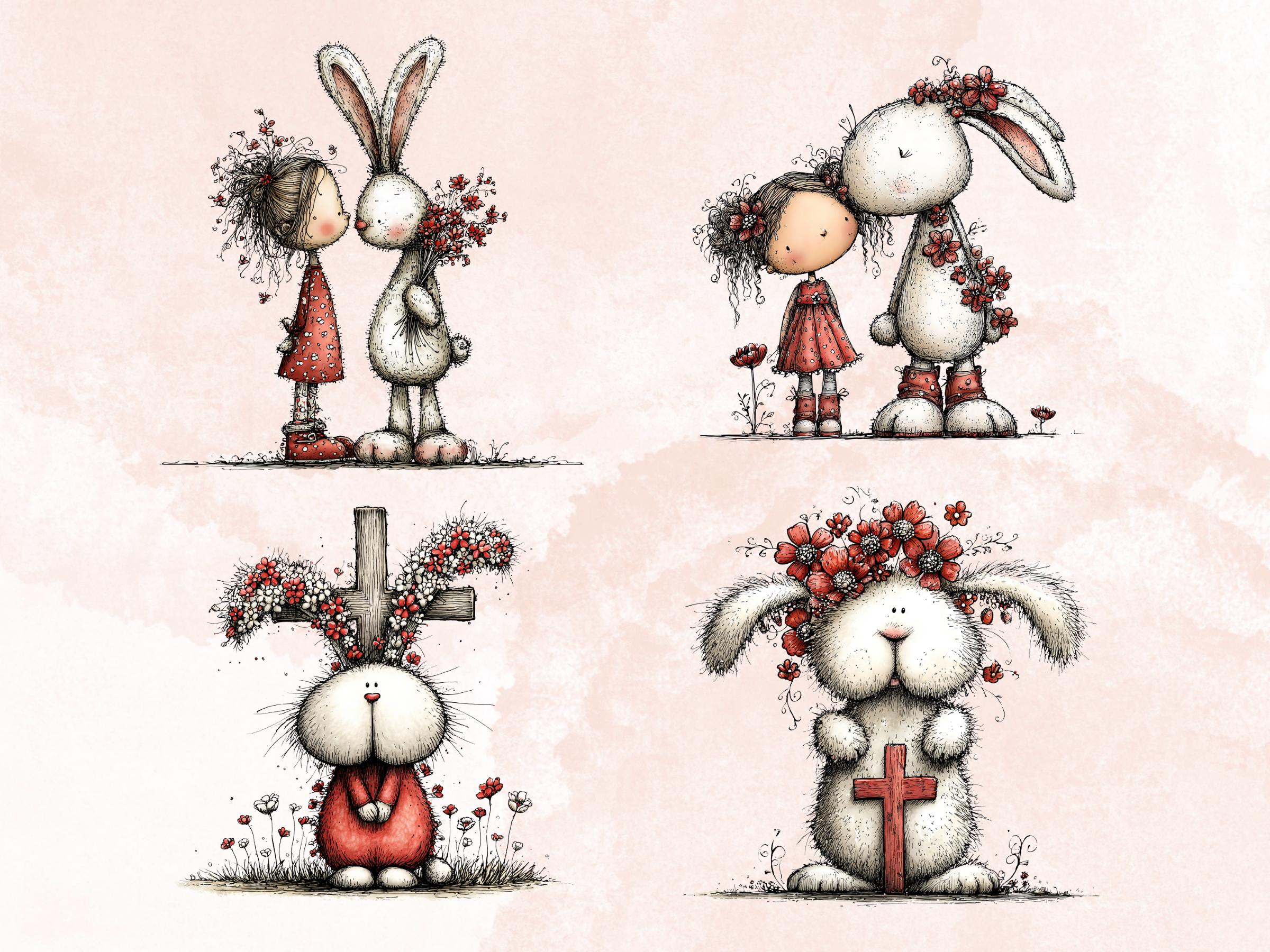 Whimsical Red Easter Clipart Bundle, Quirky Floral Spring Bunny PNG Illustrations (Digital Download, Commercial Use)