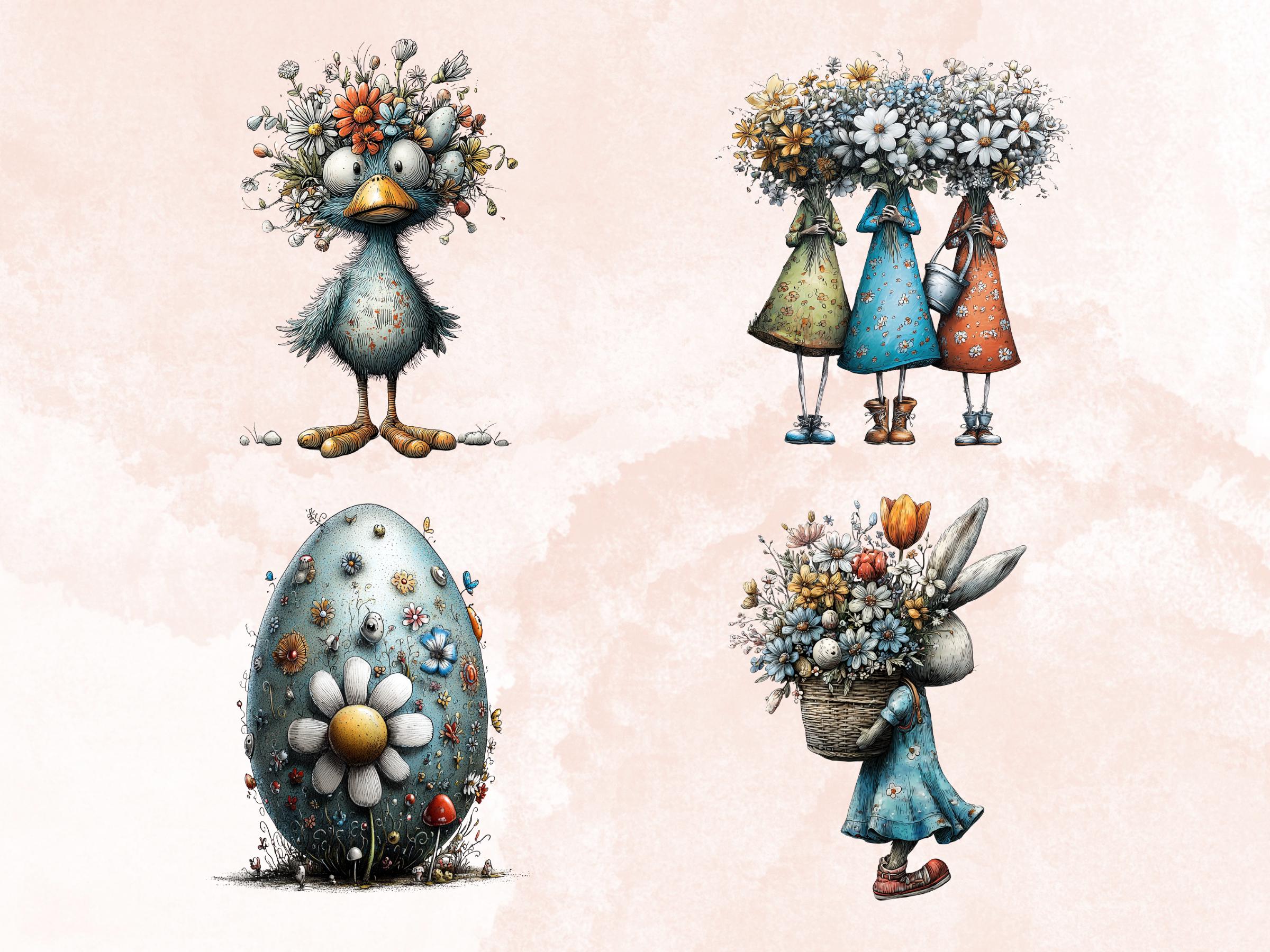 Quirky Easter Blues Clipart Bundle, Whimsical Spring Bunny PNG Illustrations (Digital Download, Commercial Use)