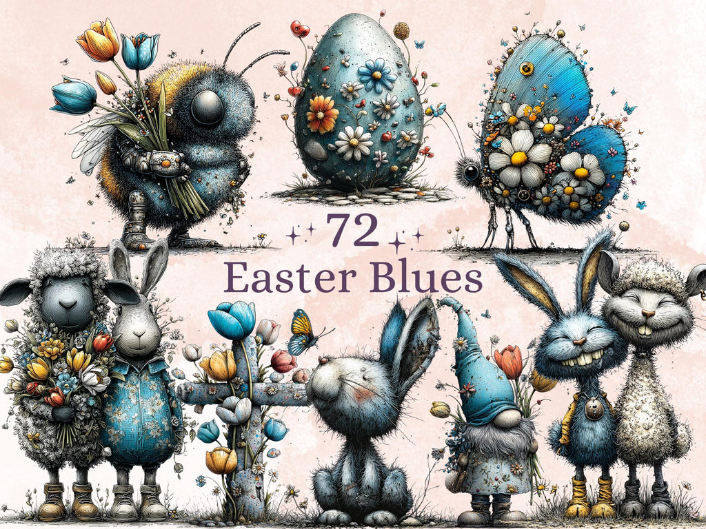 Quirky Easter Blues Clipart Bundle, Whimsical Spring Bunny PNG Illustrations (Digital Download, Commercial Use)