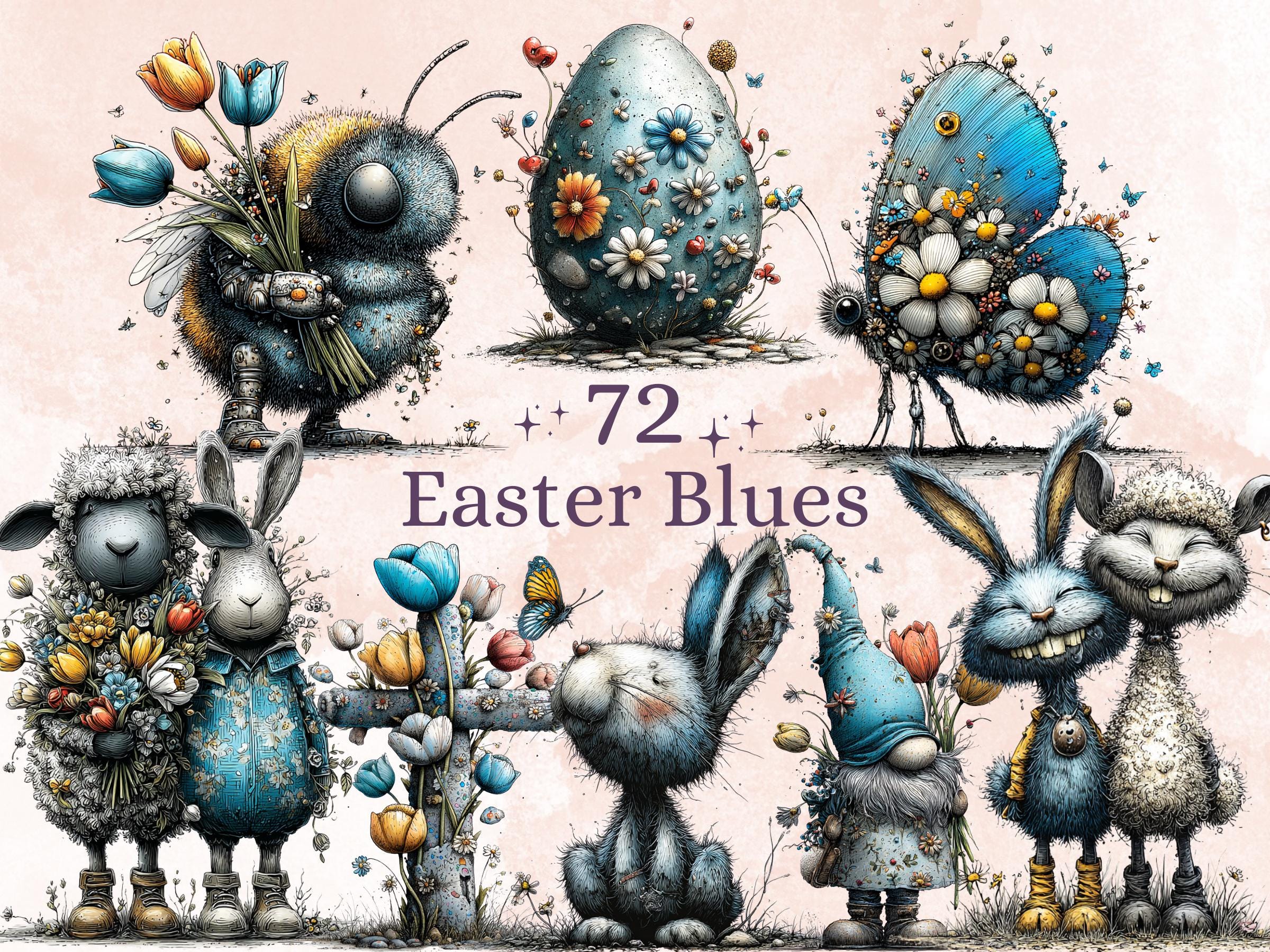 Quirky Easter Blues Clipart Bundle, Whimsical Spring Bunny PNG Illustrations (Digital Download, Commercial Use)