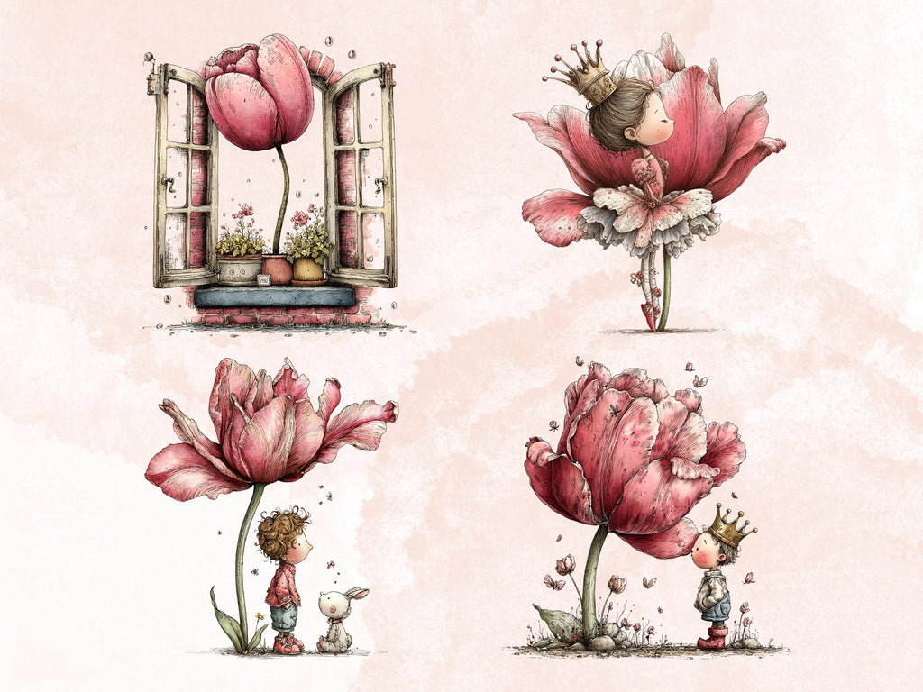 Whimsical Tulip Tales Clipart Bundle, Quirky Spring Easter Flowers PNG Illustrations (Digital Download, Commercial Use)
