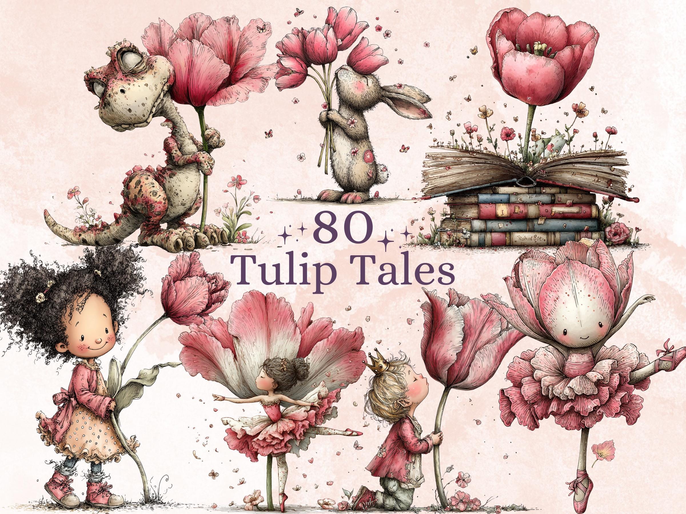 Whimsical Tulip Tales Clipart Bundle, Quirky Spring Easter Flowers PNG Illustrations (Digital Download, Commercial Use)