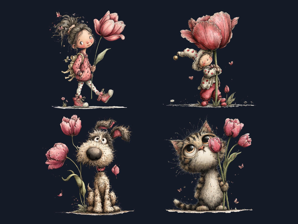 Whimsical Tulip Tales Clipart Bundle, Quirky Spring Easter Flowers PNG Illustrations (Digital Download, Commercial Use)