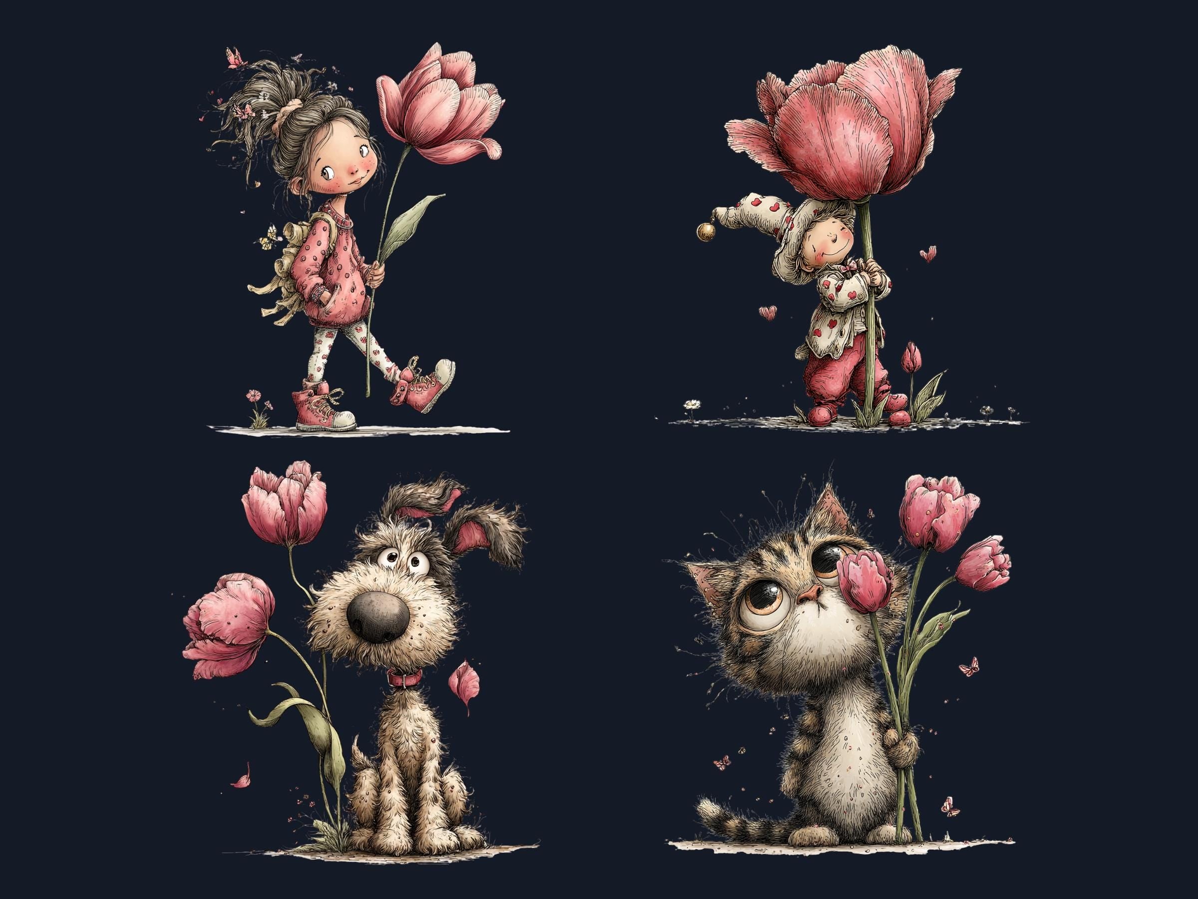Whimsical Tulip Tales Clipart Bundle, Quirky Spring Easter Flowers PNG Illustrations (Digital Download, Commercial Use)