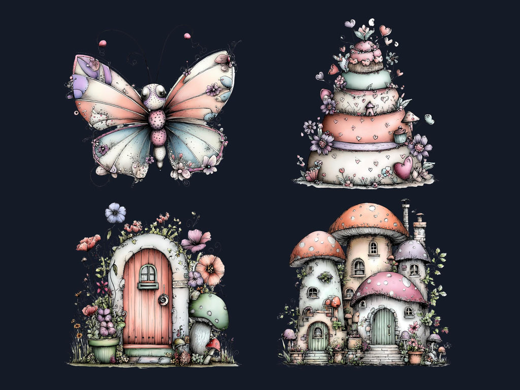 Whimsical Fairycore Clipart Bundle, Quirky Fairy Garden PNG Illustrations (Digital Download, Commercial Use)