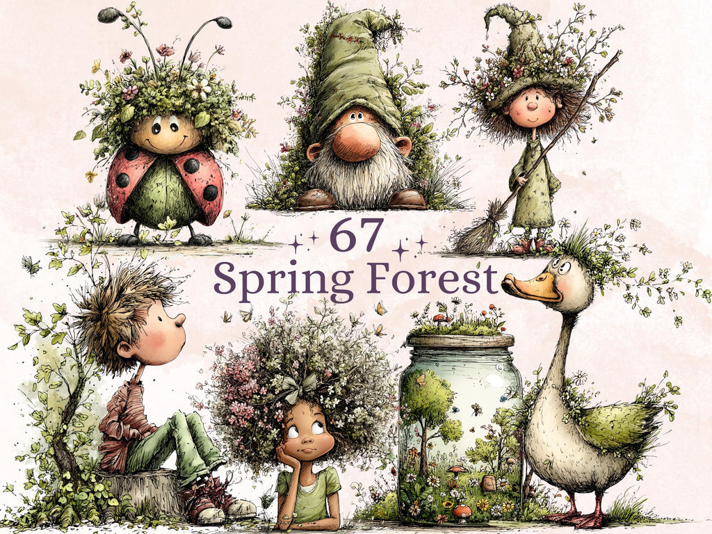Spring Forest Clipart Bundle, Whimsical Quirky Woodland PNG Illustrations (Digital Download, Commercial Use)
