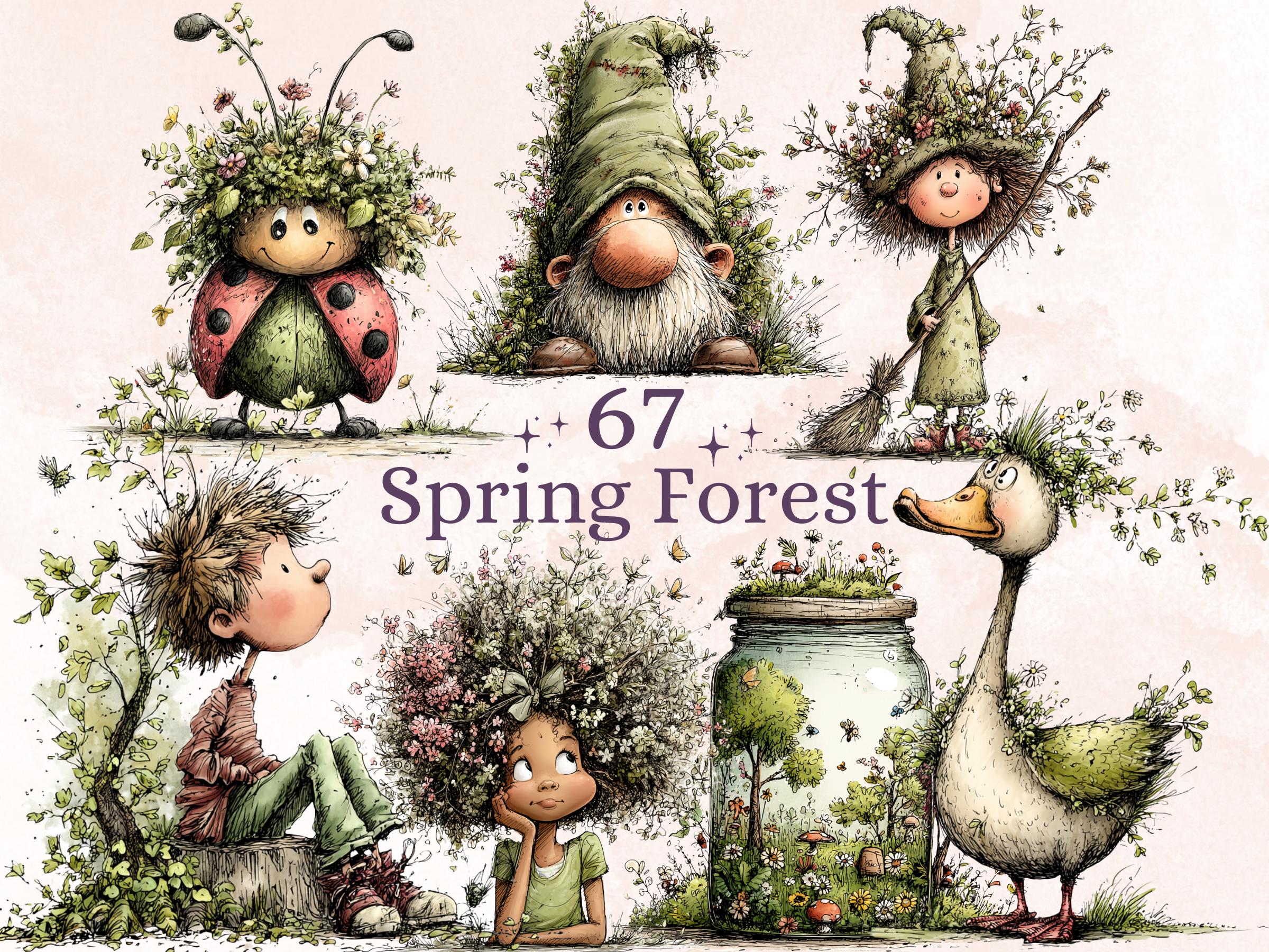 Spring Forest Clipart Bundle, Whimsical Quirky Woodland PNG Illustrations (Digital Download, Commercial Use)