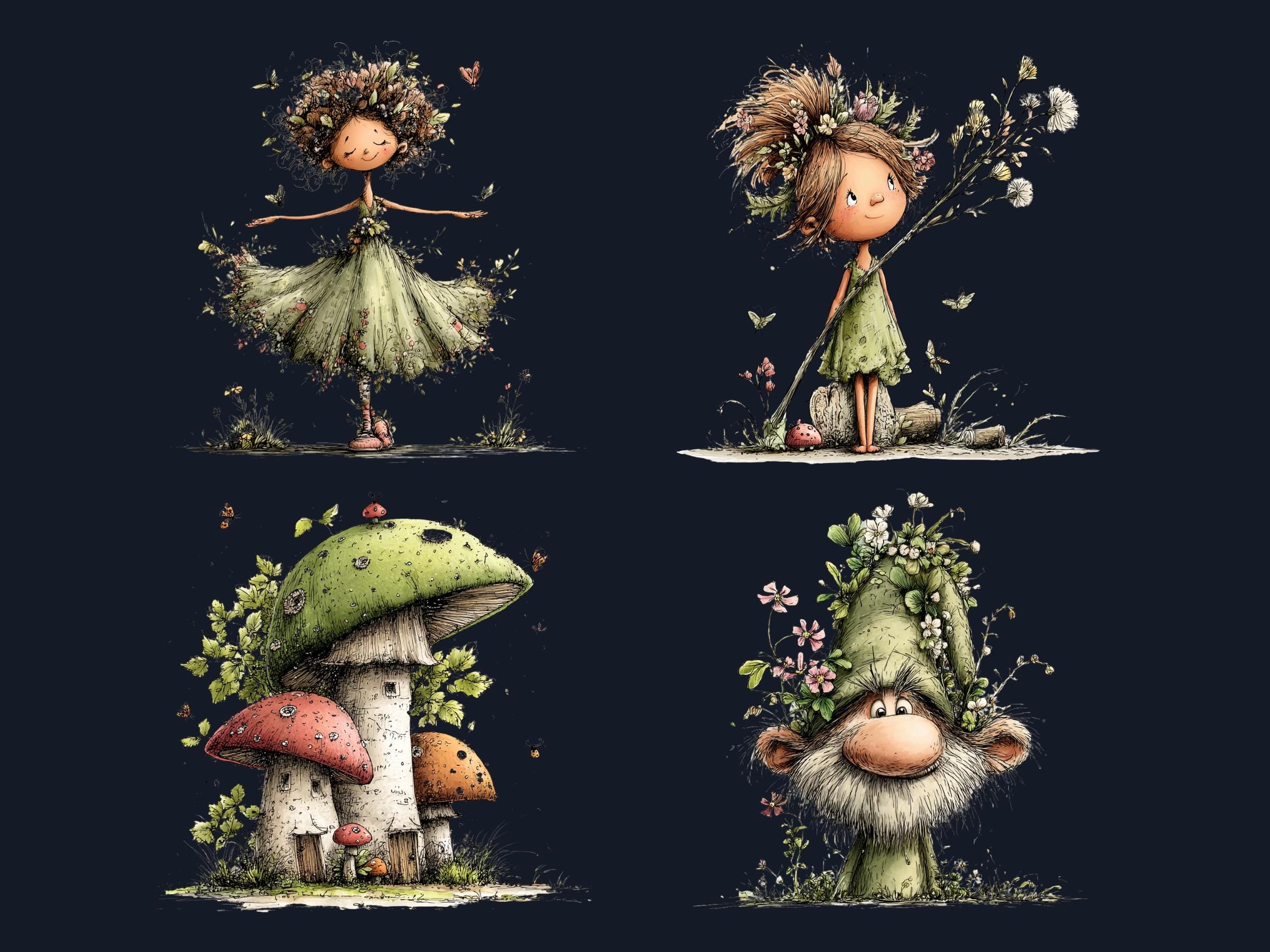 Spring Forest Clipart Bundle, Whimsical Quirky Woodland PNG Illustrations (Digital Download, Commercial Use)