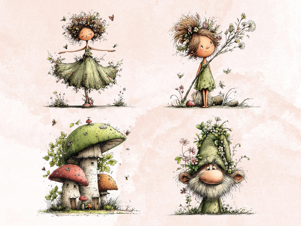 Spring Forest Clipart Bundle, Whimsical Quirky Woodland PNG Illustrations (Digital Download, Commercial Use)