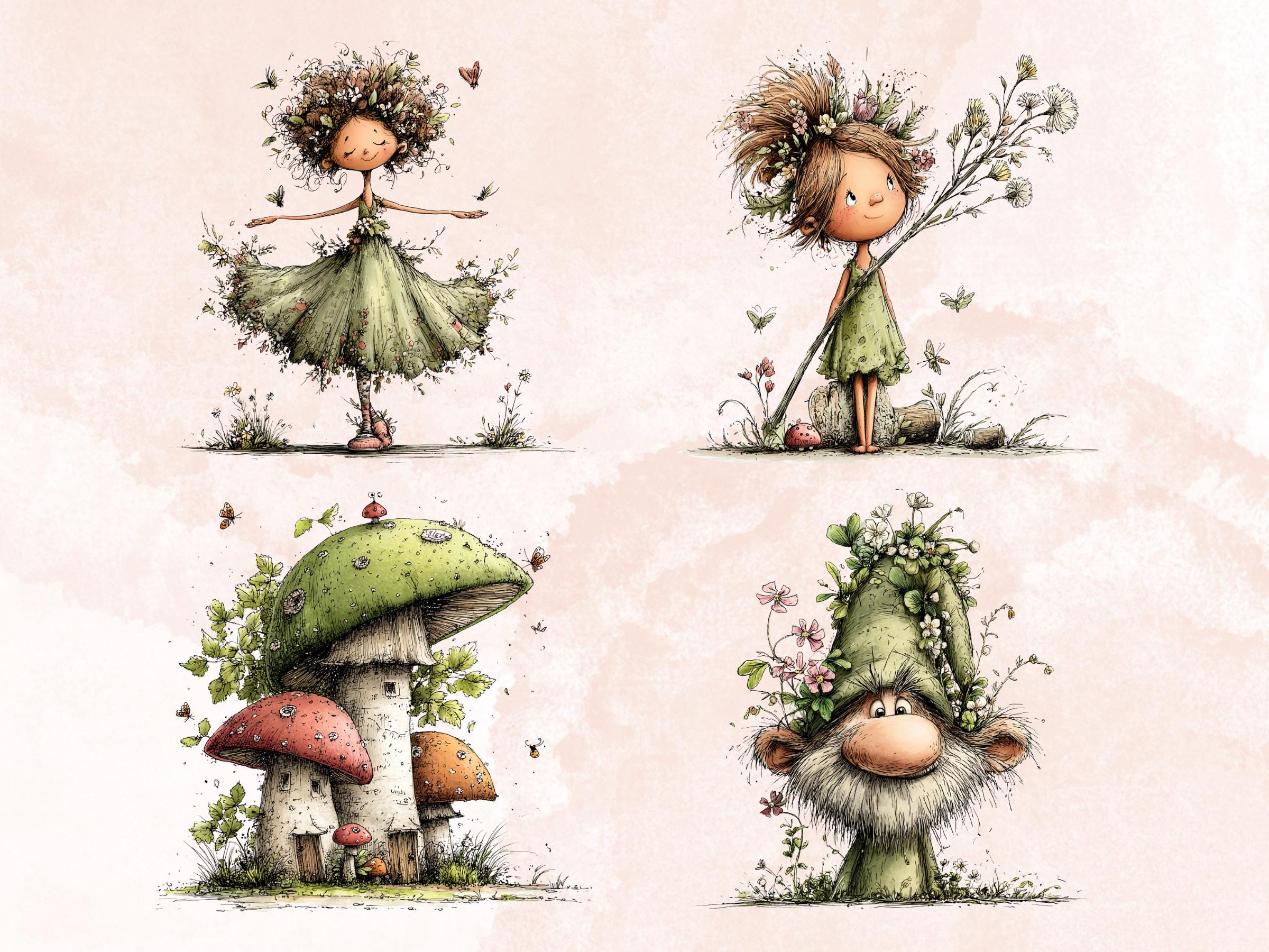 Spring Forest Clipart Bundle, Whimsical Quirky Woodland PNG Illustrations (Digital Download, Commercial Use)
