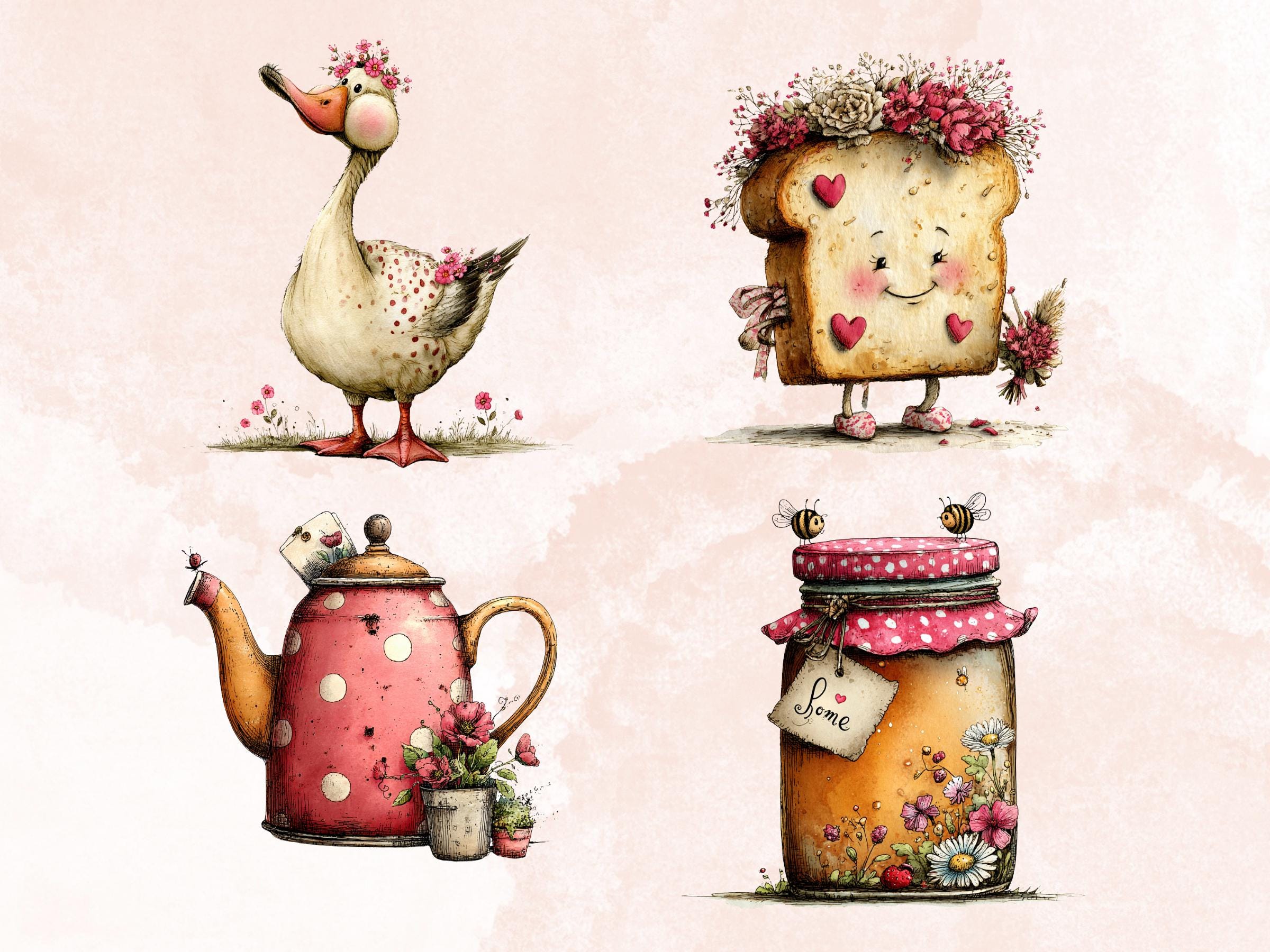 Cottagecore Clipart Bundle, Whimsical Quirky Cottage Life PNG Illustrations (Digital Download, Commercial Use)