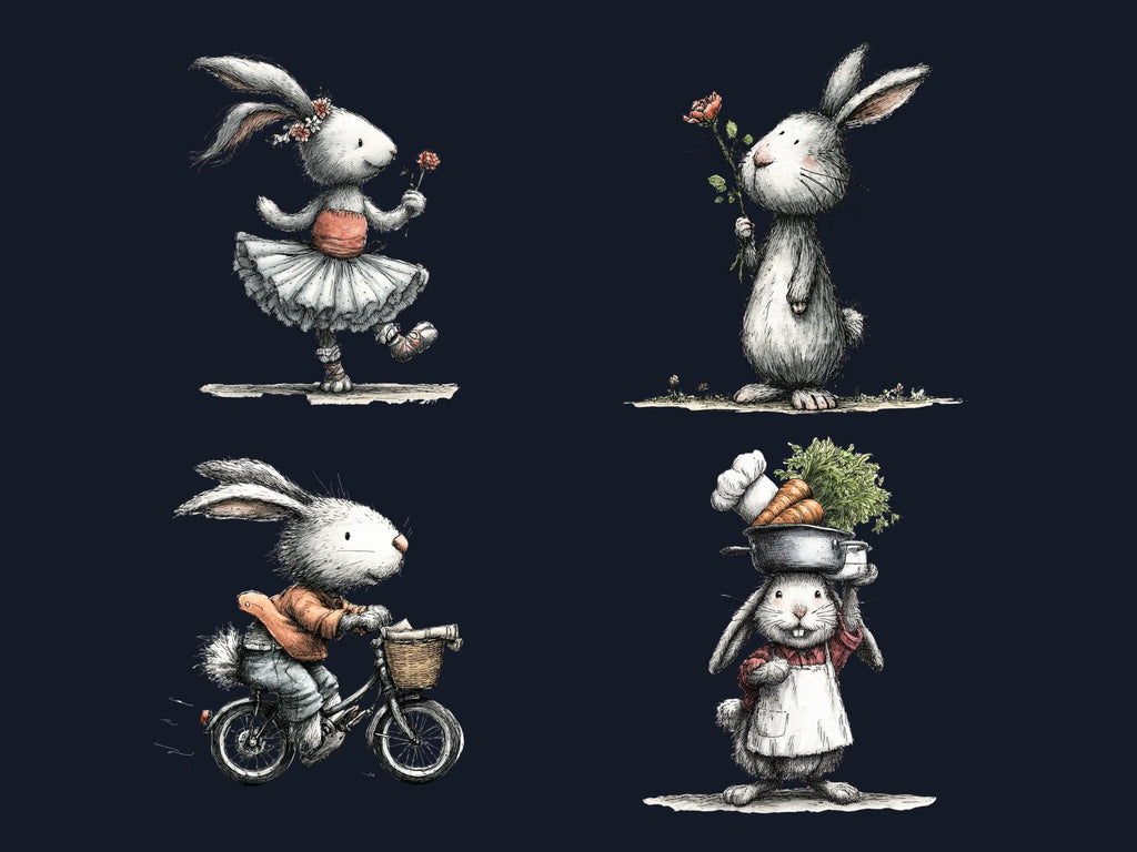 Whimsical Bunny Tales Clipart Bundle, Quirky Storybook Rabbit PNG Illustrations (Digital Download, Commercial Use)