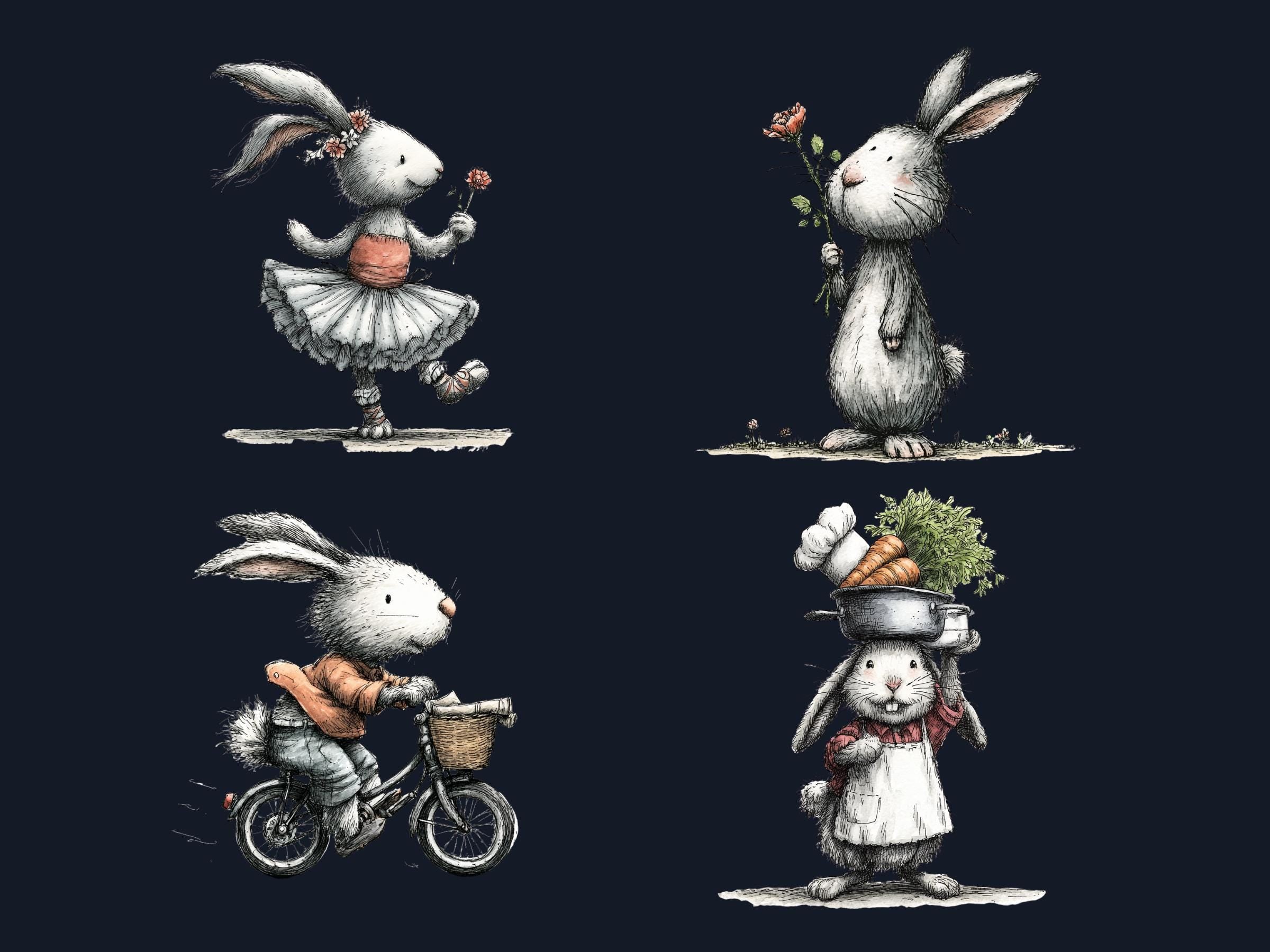 Whimsical Bunny Tales Clipart Bundle, Quirky Storybook Rabbit PNG Illustrations (Digital Download, Commercial Use)