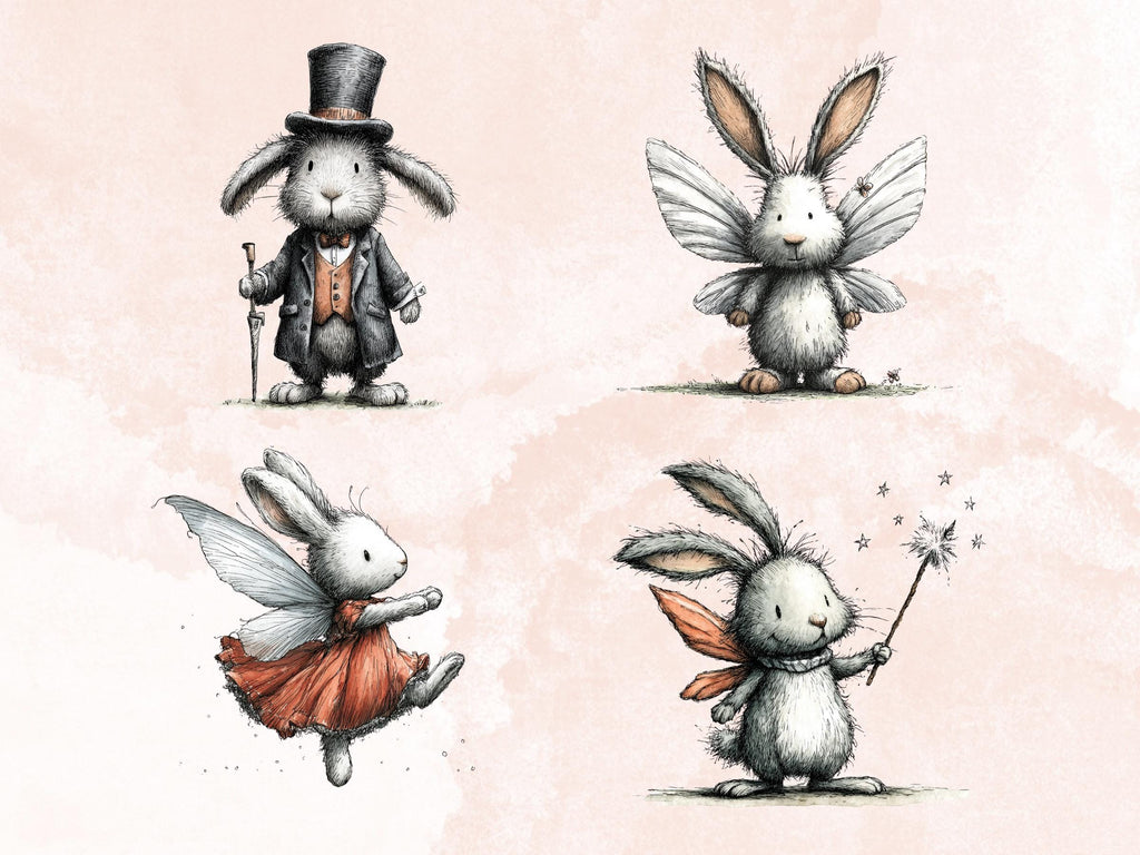 Whimsical Bunny Tales Clipart Bundle, Quirky Storybook Rabbit PNG Illustrations (Digital Download, Commercial Use)