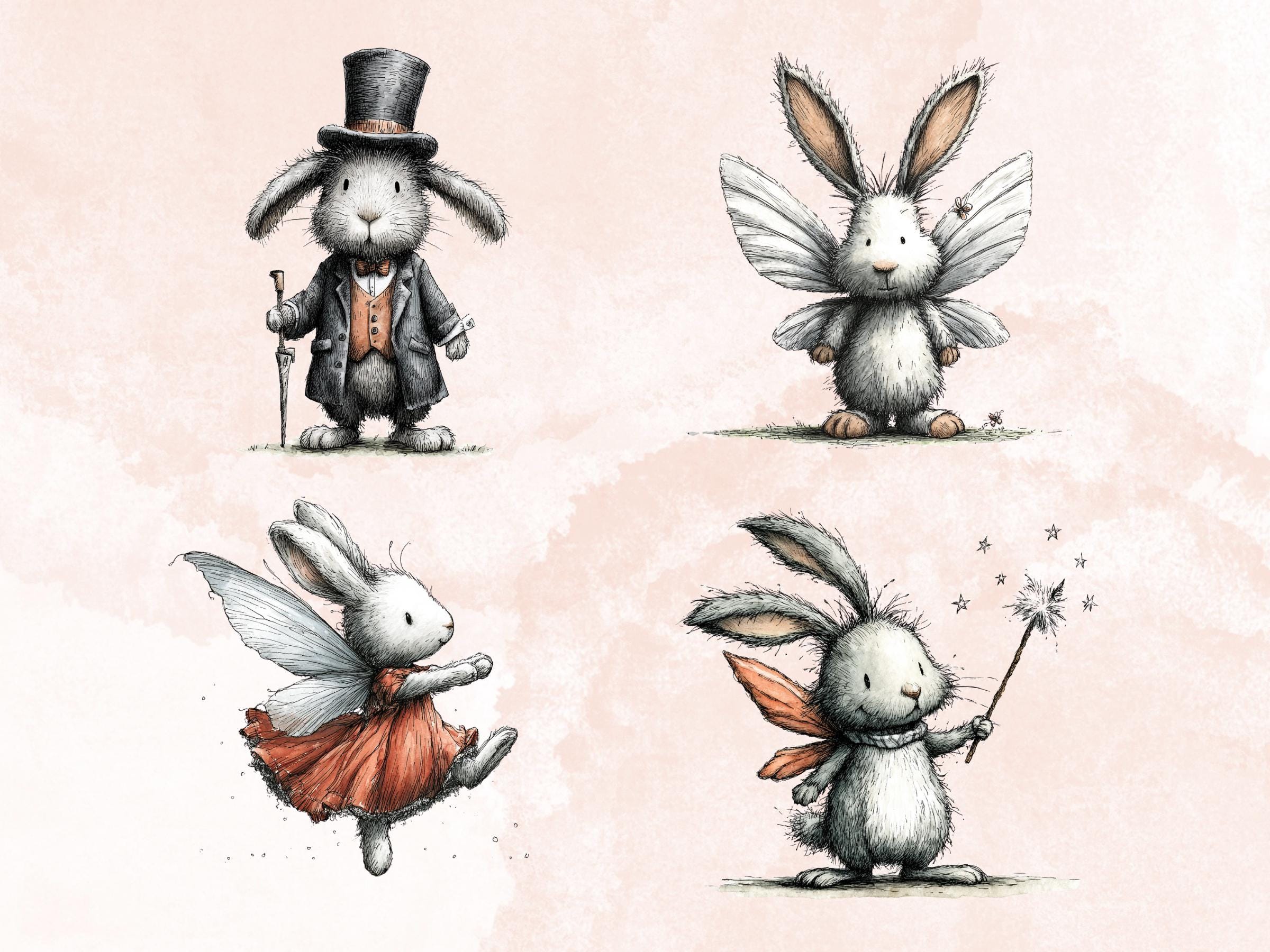 Whimsical Bunny Tales Clipart Bundle, Quirky Storybook Rabbit PNG Illustrations (Digital Download, Commercial Use)