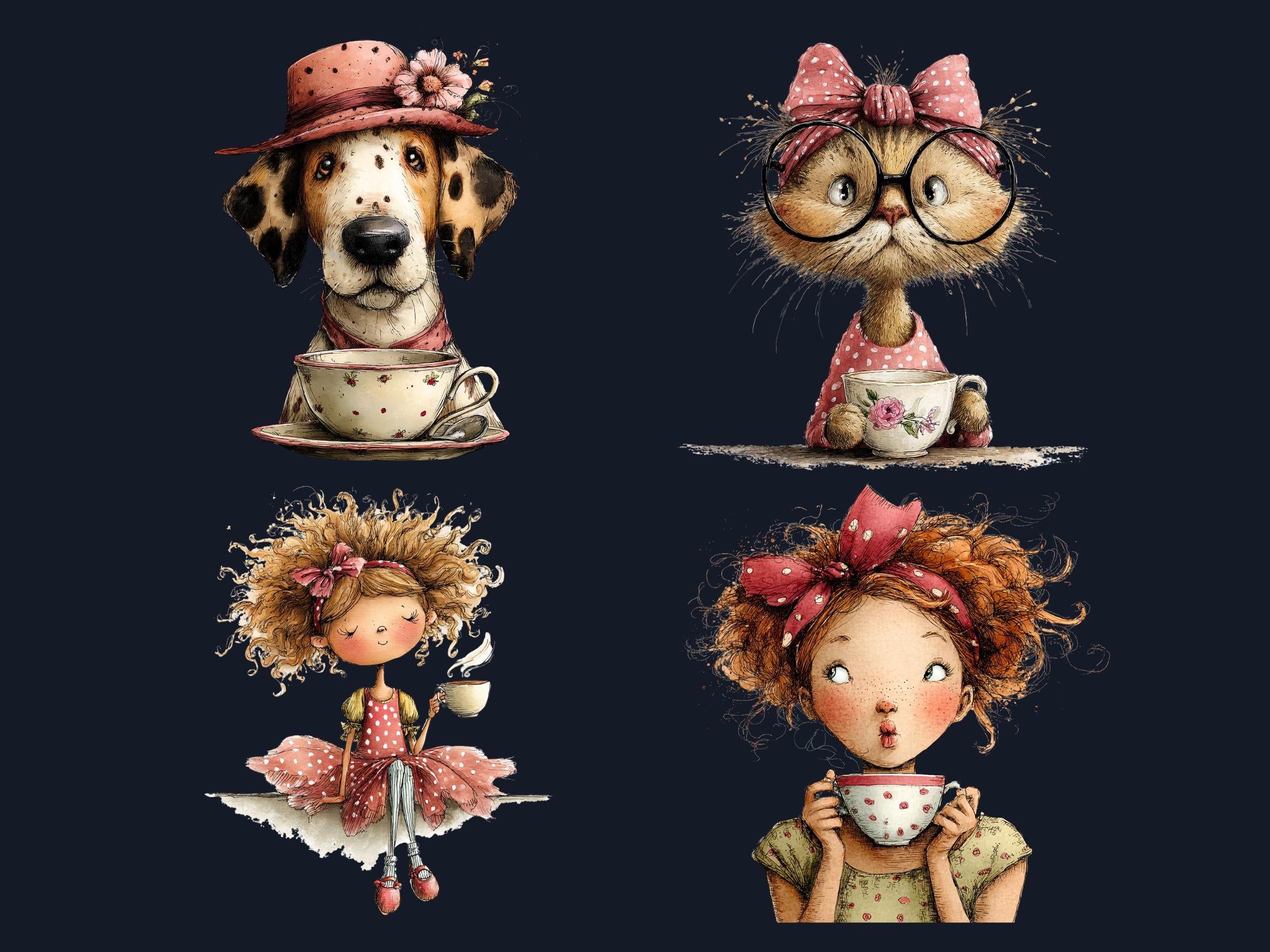 Whimsical Tea Party Clipart Bundle, Quirky Floral Tea Time PNG Illustrations (Digital Download, Commercial Use)