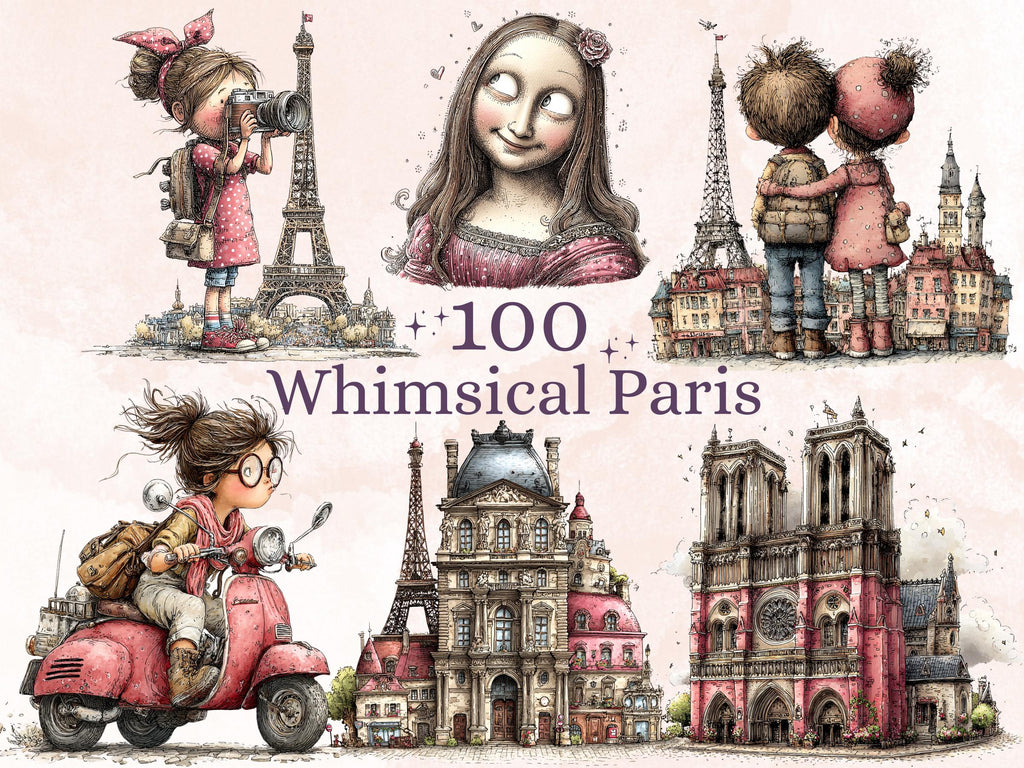 Whimsical Paris Clipart Bundle, Quirky Floral Spring City PNG Illustrations (Digital Download, Commercial Use)