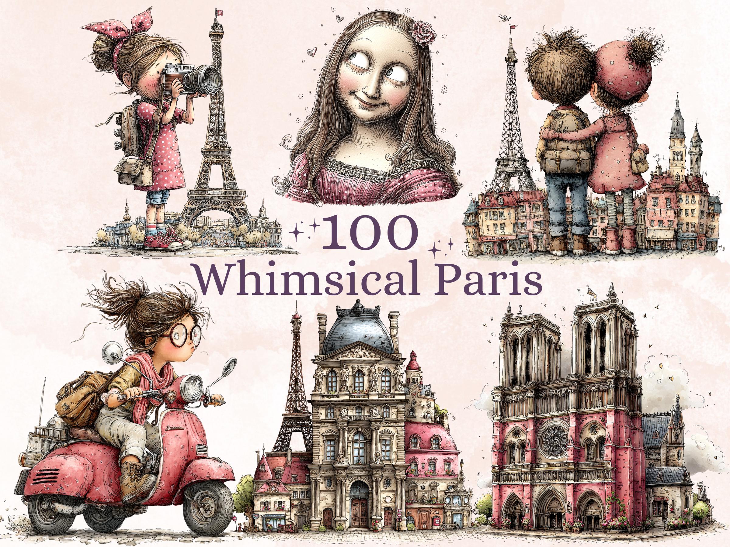 Whimsical Paris Clipart Bundle, Quirky Floral Spring City PNG Illustrations (Digital Download, Commercial Use)