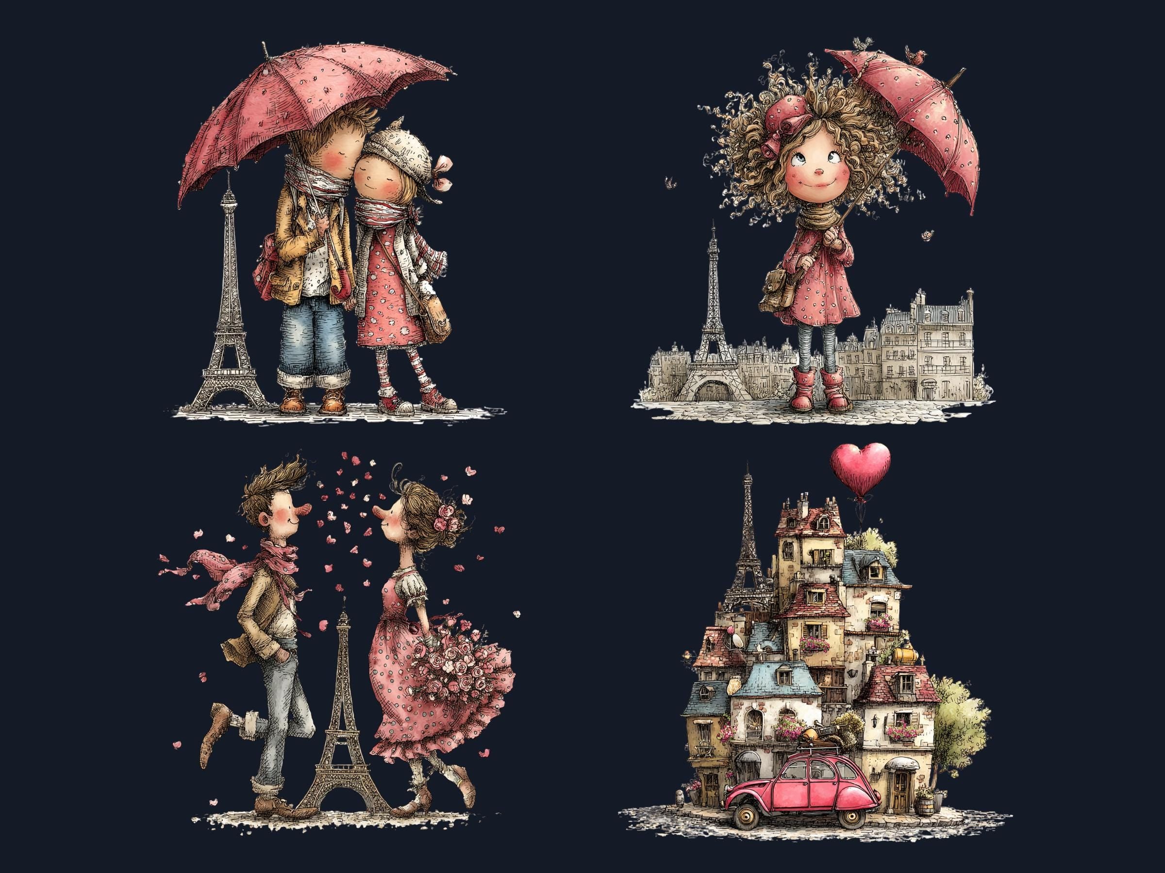 Whimsical Paris Clipart Bundle, Quirky Floral Spring City PNG Illustrations (Digital Download, Commercial Use)