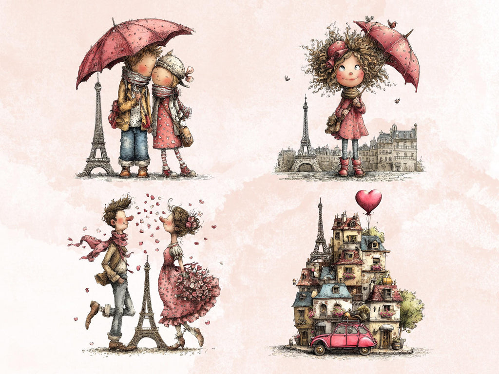 Whimsical Paris Clipart Bundle, Quirky Floral Spring City PNG Illustrations (Digital Download, Commercial Use)