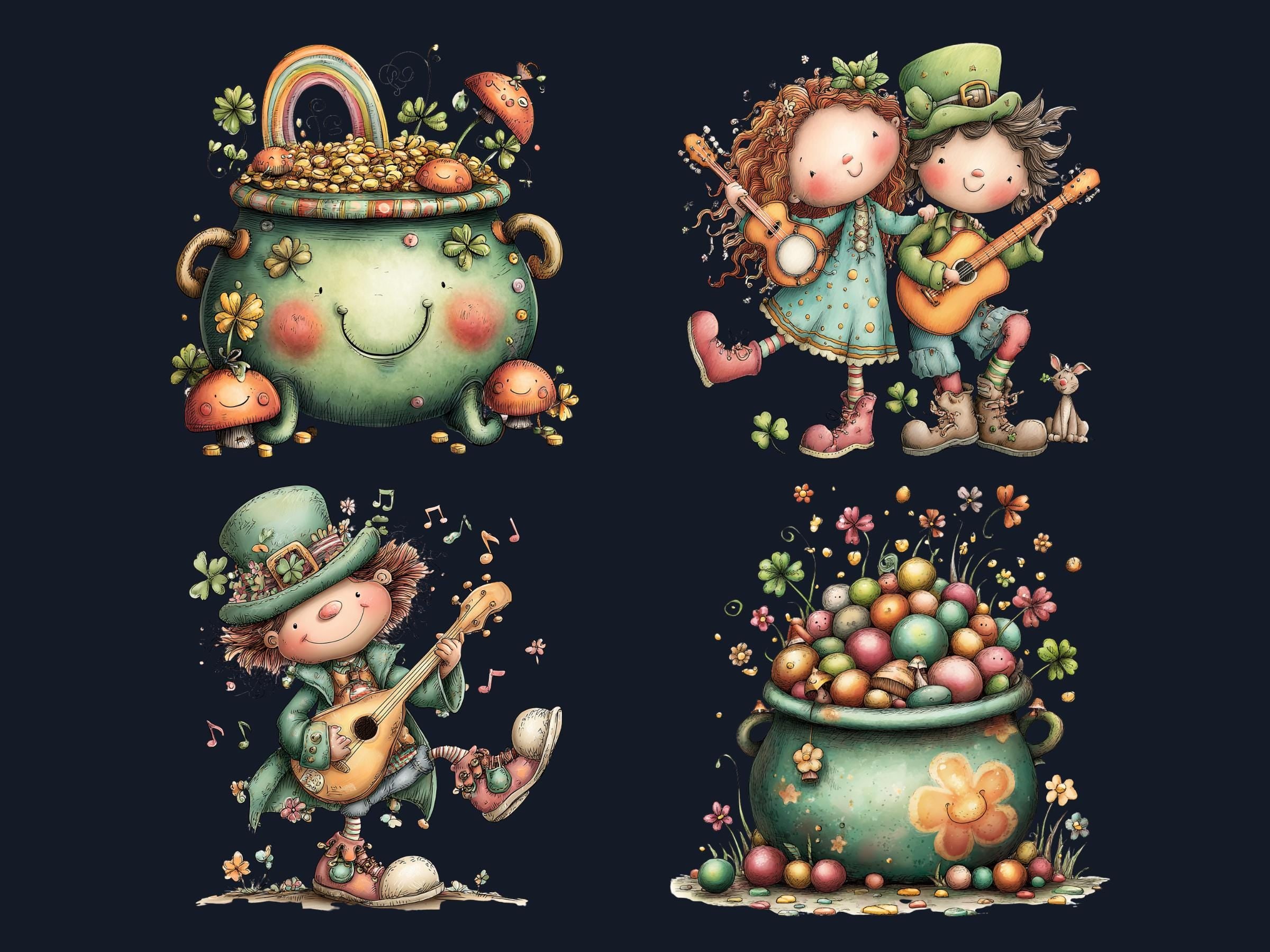 St Patrick’s Day Clipart Bundle, Whimsical Quirky Irish Leprechaun PNG Illustrations (Digital Download, Commercial Use)