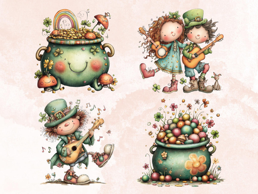 St Patrick’s Day Clipart Bundle, Whimsical Quirky Irish Leprechaun PNG Illustrations (Digital Download, Commercial Use)