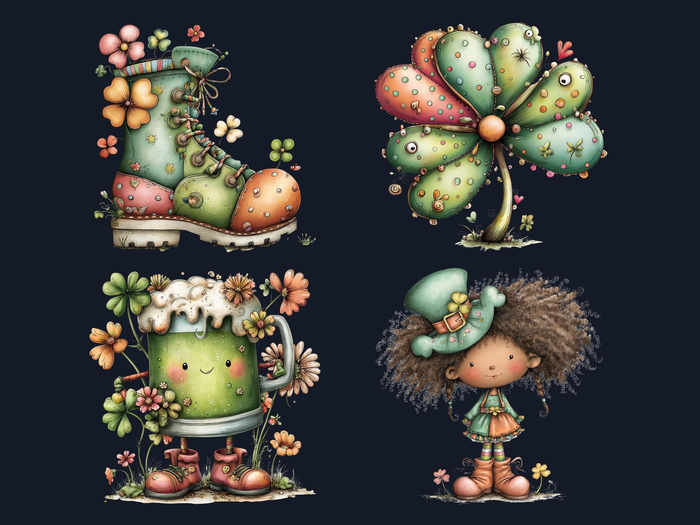 St Patrick’s Day Clipart Bundle, Whimsical Quirky Irish Leprechaun PNG Illustrations (Digital Download, Commercial Use)