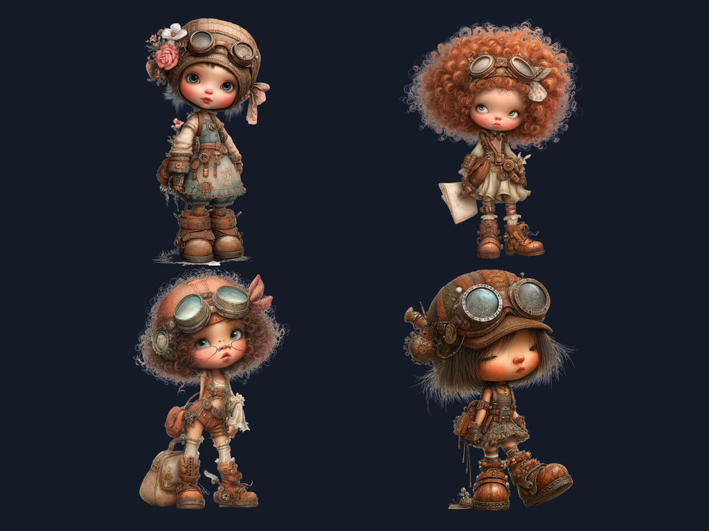 Steampunk Industrial Girls Clipart – 44 PNG Whimsical Victorian Hats, Gears, Fashion for Crafts & Journals (Digital Download)