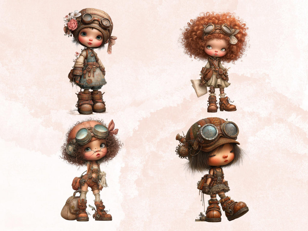 Steampunk Industrial Girls Clipart – 44 PNG Whimsical Victorian Hats, Gears, Fashion for Crafts & Journals (Digital Download)