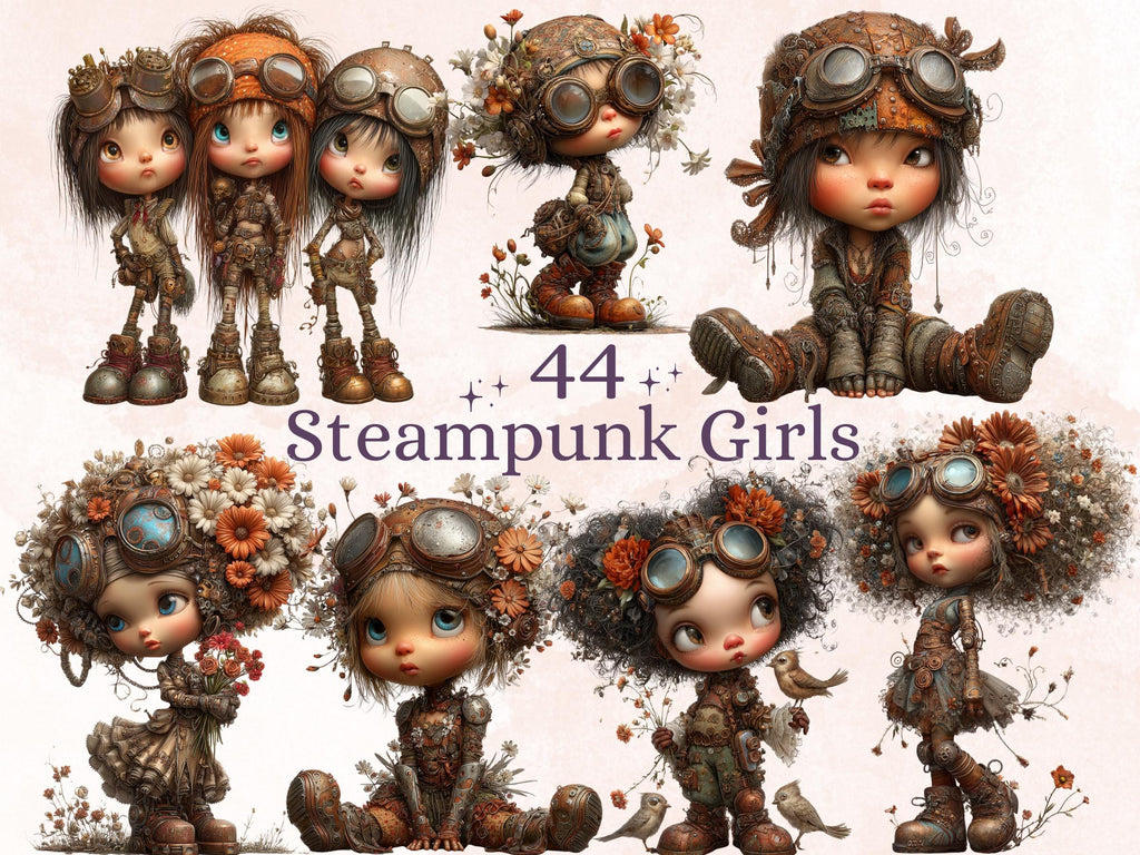 Steampunk Industrial Girls Clipart – 44 PNG Whimsical Victorian Hats, Gears, Fashion for Crafts & Journals (Digital Download)