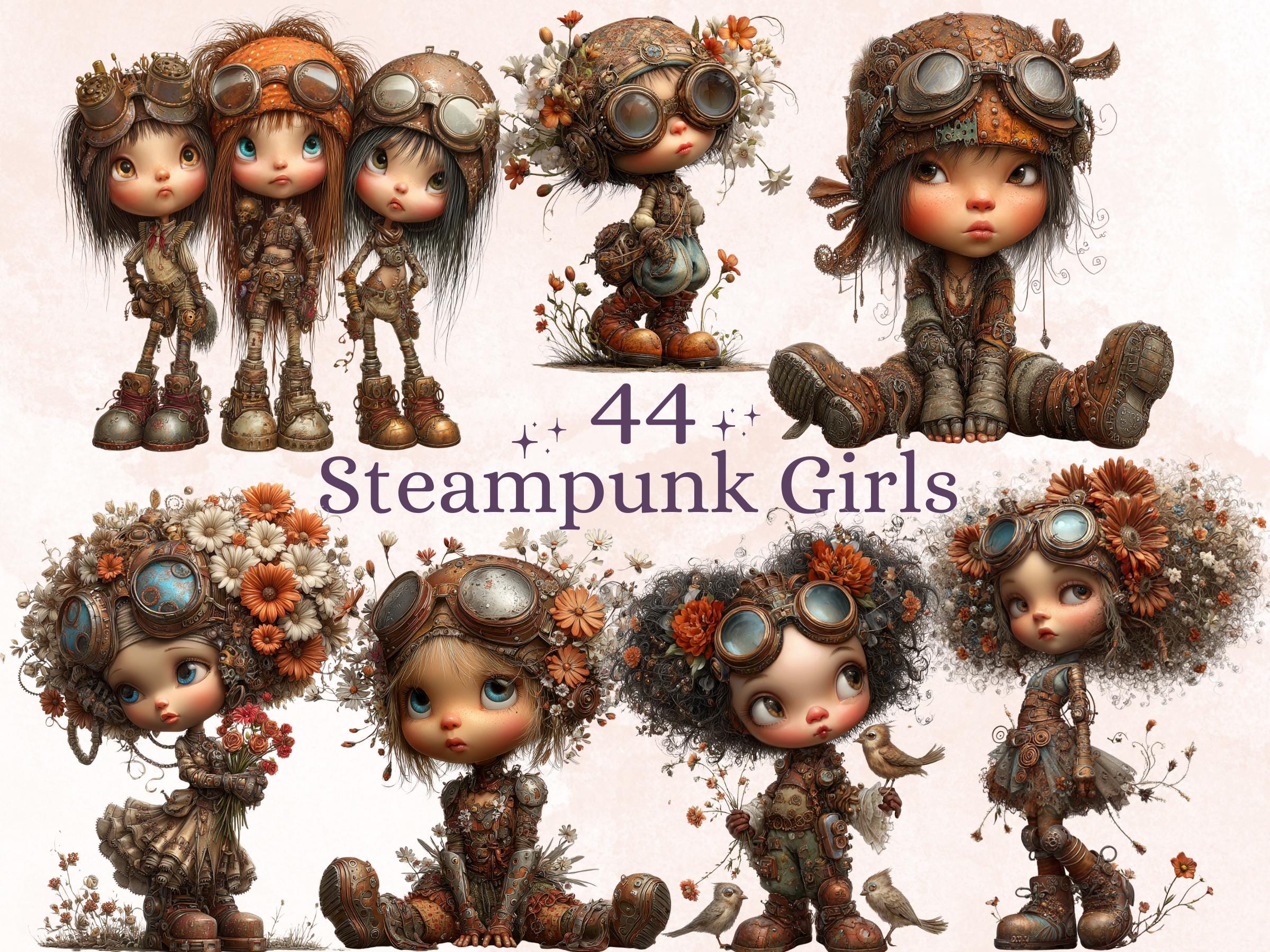 Steampunk Industrial Girls Clipart – 44 PNG Whimsical Victorian Hats, Gears, Fashion for Crafts & Journals (Digital Download)