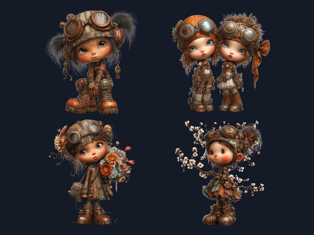 Steampunk Industrial Girls Clipart – 44 PNG Whimsical Victorian Hats, Gears, Fashion for Crafts & Journals (Digital Download)