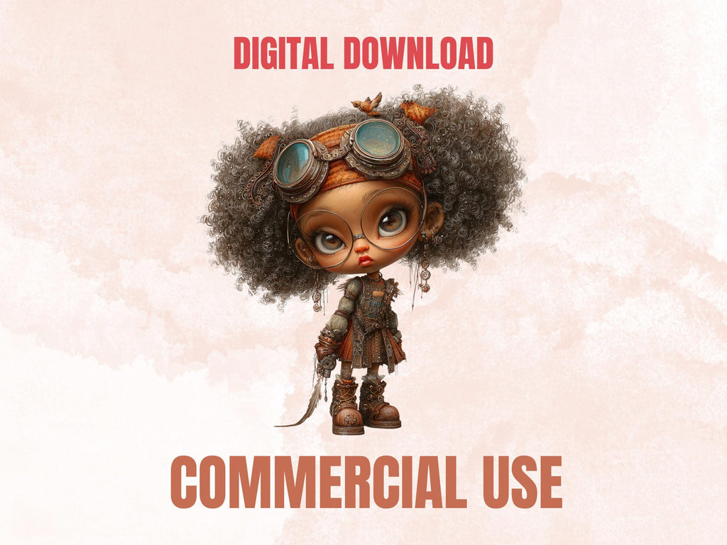 Steampunk Industrial Black Girls Clipart – 45 PNG Whimsical Afro Fairy, Victorian Hats, Gears, Fashion for Crafts & Journals