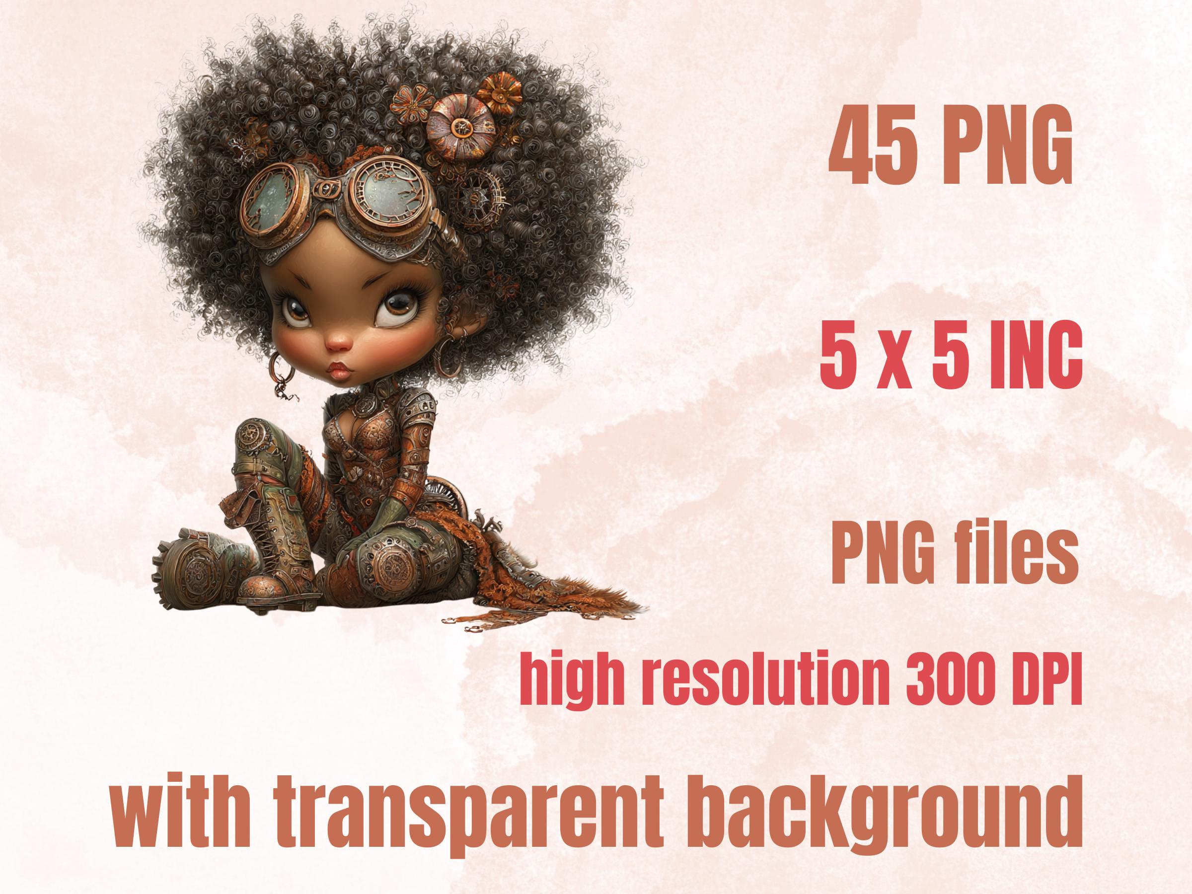 Steampunk Industrial Black Girls Clipart – 45 PNG Whimsical Afro Fairy, Victorian Hats, Gears, Fashion for Crafts & Journals