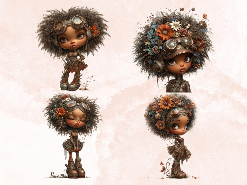 Steampunk Industrial Black Girls Clipart – 45 PNG Whimsical Afro Fairy, Victorian Hats, Gears, Fashion for Crafts & Journals
