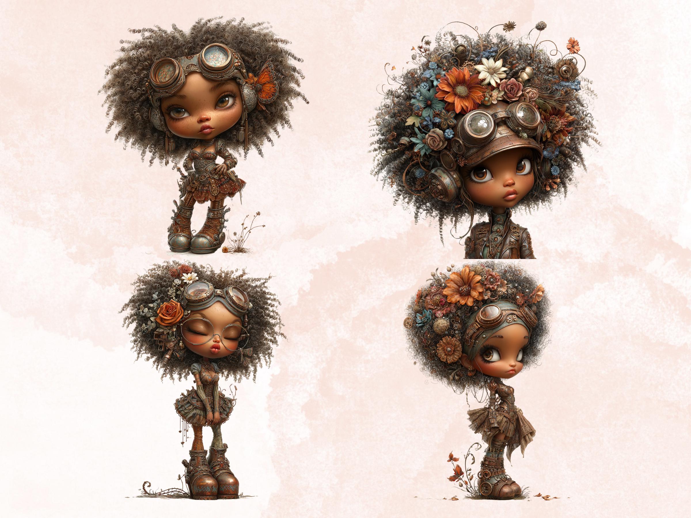 Steampunk Industrial Black Girls Clipart – 45 PNG Whimsical Afro Fairy, Victorian Hats, Gears, Fashion for Crafts & Journals