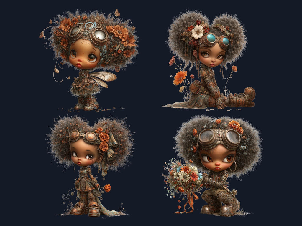 Steampunk Industrial Black Girls Clipart – 45 PNG Whimsical Afro Fairy, Victorian Hats, Gears, Fashion for Crafts & Journals