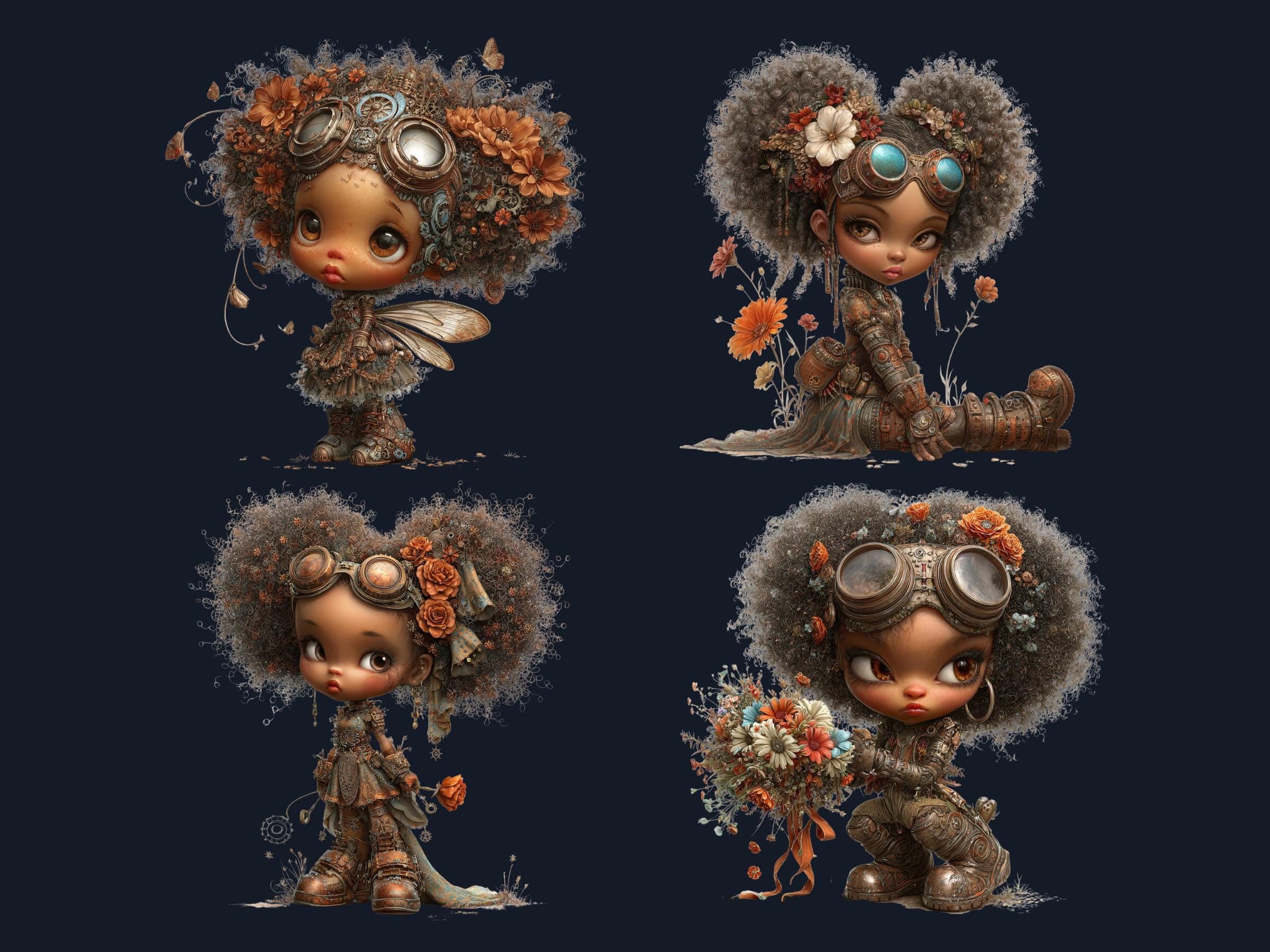 Steampunk Industrial Black Girls Clipart – 45 PNG Whimsical Afro Fairy, Victorian Hats, Gears, Fashion for Crafts & Journals