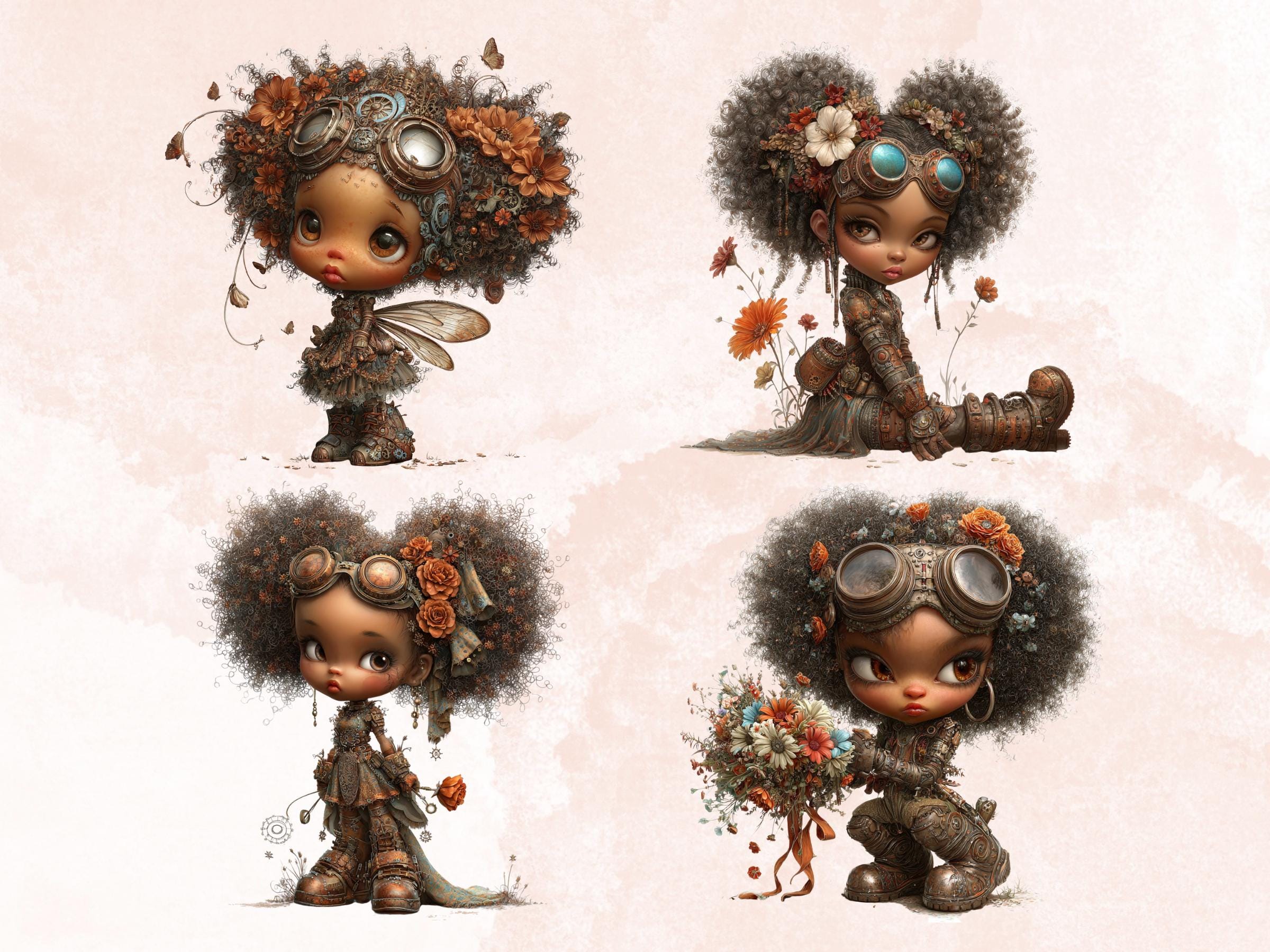 Steampunk Industrial Black Girls Clipart – 45 PNG Whimsical Afro Fairy, Victorian Hats, Gears, Fashion for Crafts & Journals
