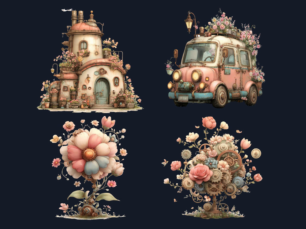 Whimsical Steampunk Floral Spring Clipart – 75 PNG Industrial Flowers, Gears, Keys for Crafts & Journals (Digital Download)
