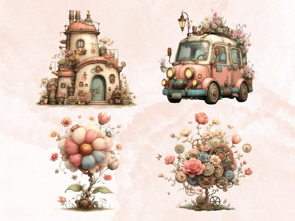 Whimsical Steampunk Floral Spring Clipart – 75 PNG Industrial Flowers, Gears, Keys for Crafts & Journals (Digital Download)
