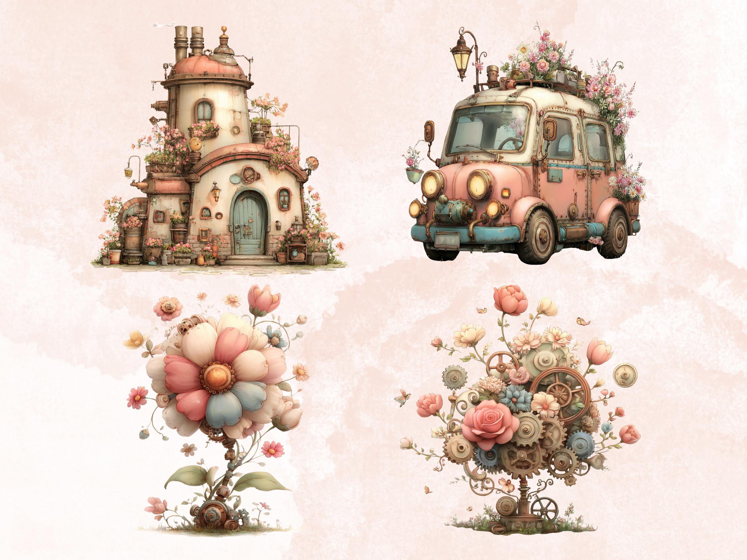 Whimsical Steampunk Floral Spring Clipart – 75 PNG Industrial Flowers, Gears, Keys for Crafts & Journals (Digital Download)