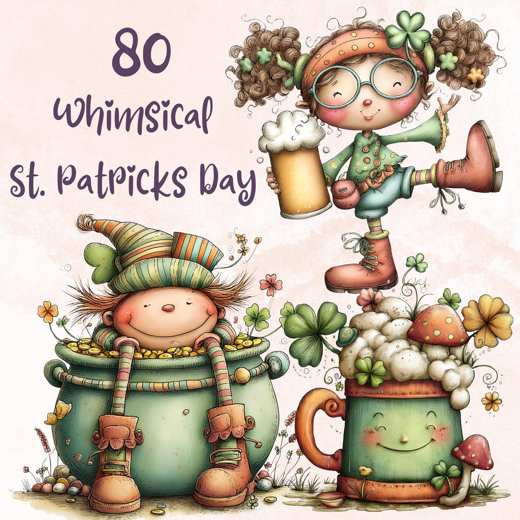 St Patrick’s Day Clipart Bundle, Whimsical Quirky Irish Leprechaun PNG Illustrations (Digital Download, Commercial Use)