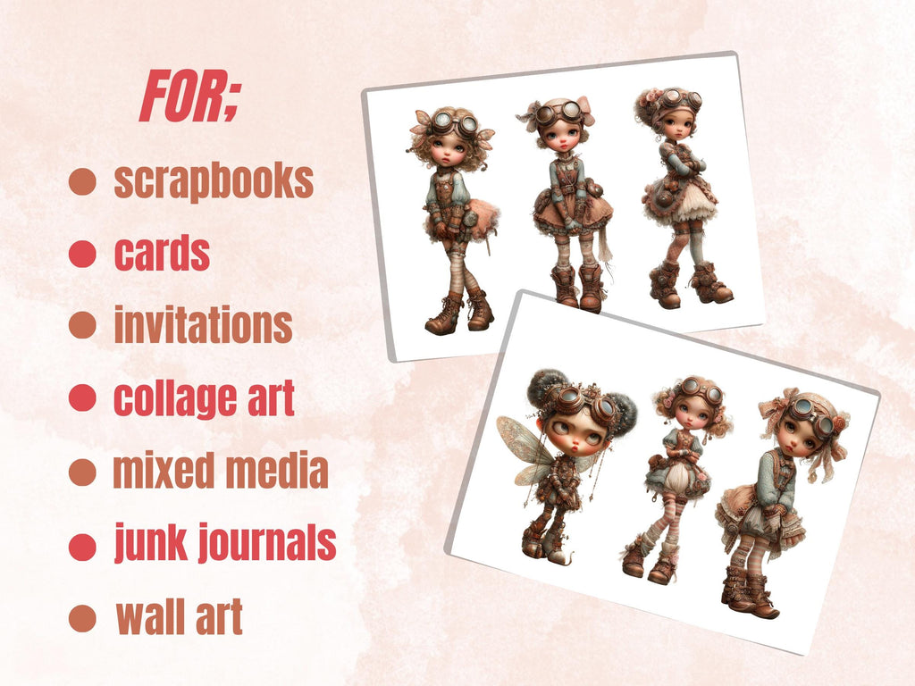 Steampunk Girl Fussy Cut, 35 Vintage Steampunk Fairy Cutouts, Junk Journal Ephemera Scrapbook Sheets